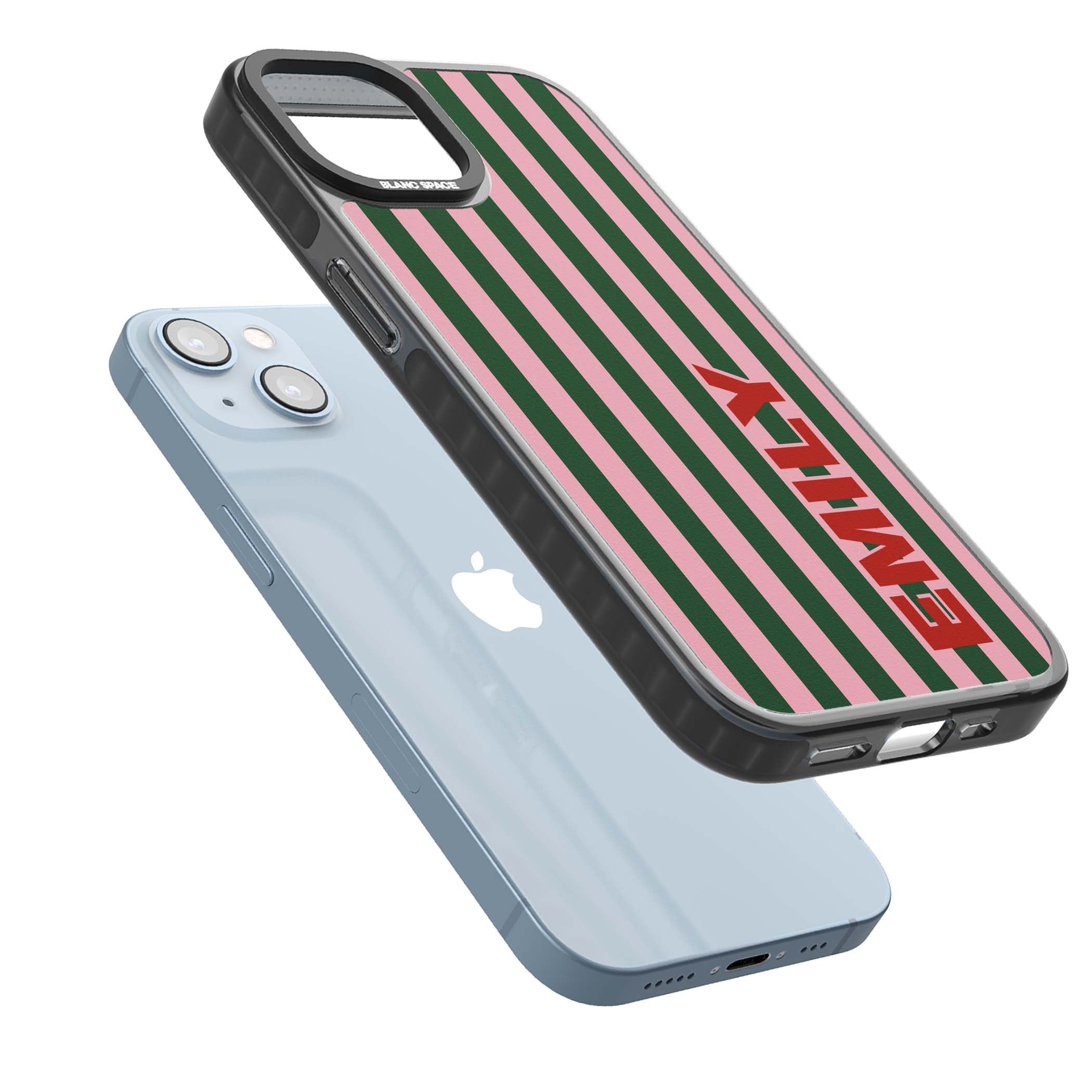 Italian Stripe preppy iPhone case featuring pink and green vertical stripes with personalised red name | Black Impact Magsafe case for iPhone 13, iPhone 14, iPhone 15