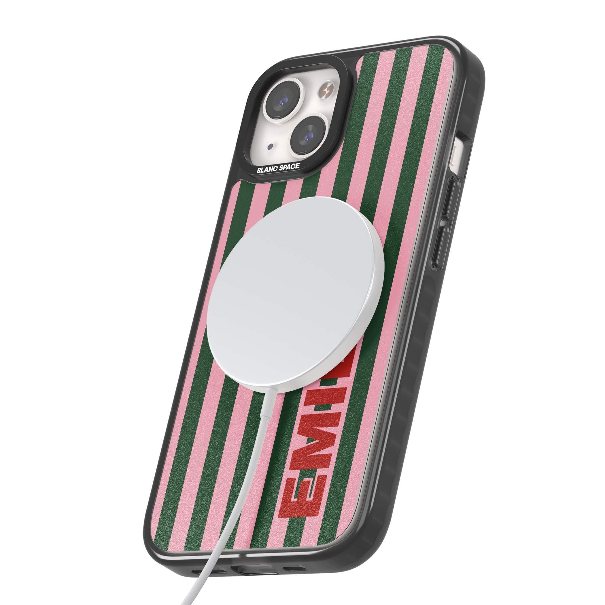 Italian Stripe preppy iPhone case featuring pink and green vertical stripes with personalised red name | Black Impact Magsafe case for iPhone 13, iPhone 14, iPhone 15