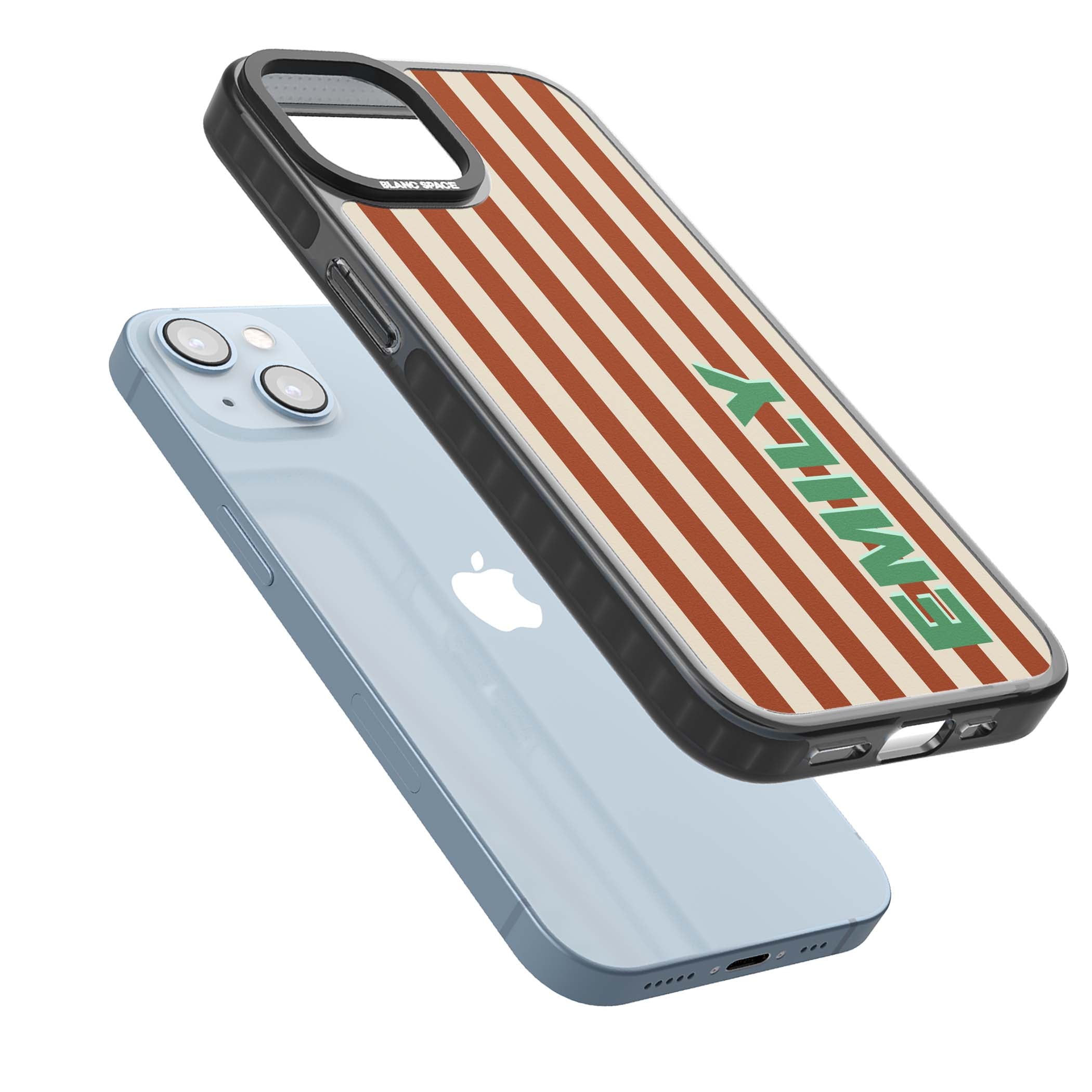 Dune Stripe personalised iPhone case with rust and cream vertical stripes and custom name in mint green | Black Impact Magsafe case for iPhone 13, iPhone 14, iPhone 15