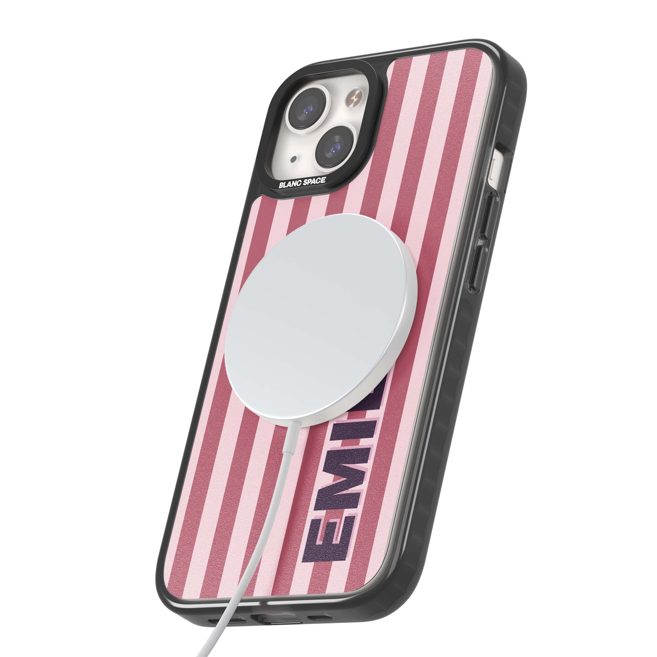 Victoria Stripe personalised iPhone case featuring pink vertical stripes and custom name in bold plum lettering | Black Impact Magsafe case for iPhone 13, iPhone 14, iPhone 15