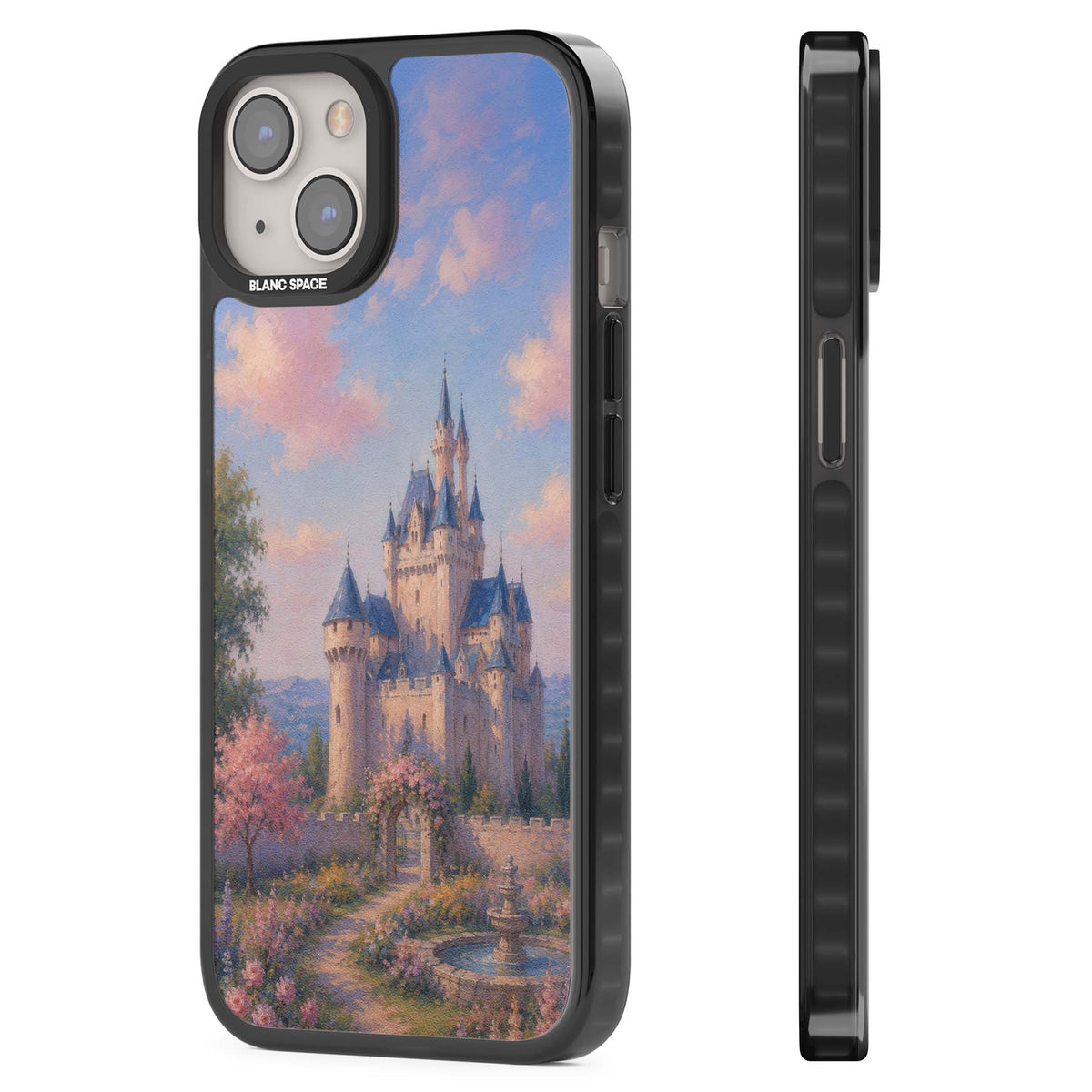 Enchanted Kingdom fairytale iPhone case featuring a romantic castle painting with cherry blossoms and pastel pink sky | Black Impact Magsafe case for iPhone 13, iPhone 14, iPhone 15