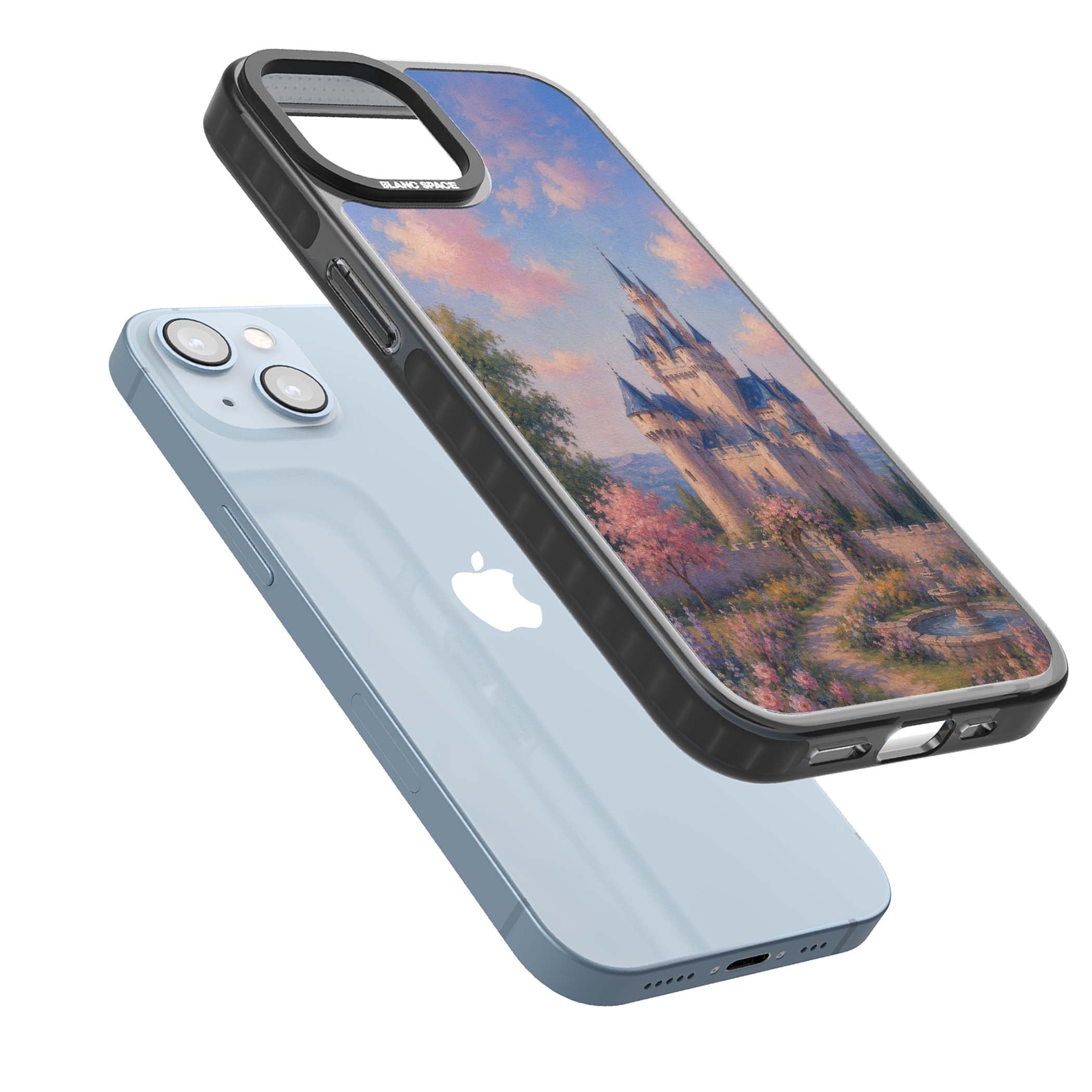 Enchanted Kingdom fairytale iPhone case featuring a romantic castle painting with cherry blossoms and pastel pink sky | Black Impact Magsafe case for iPhone 13, iPhone 14, iPhone 15