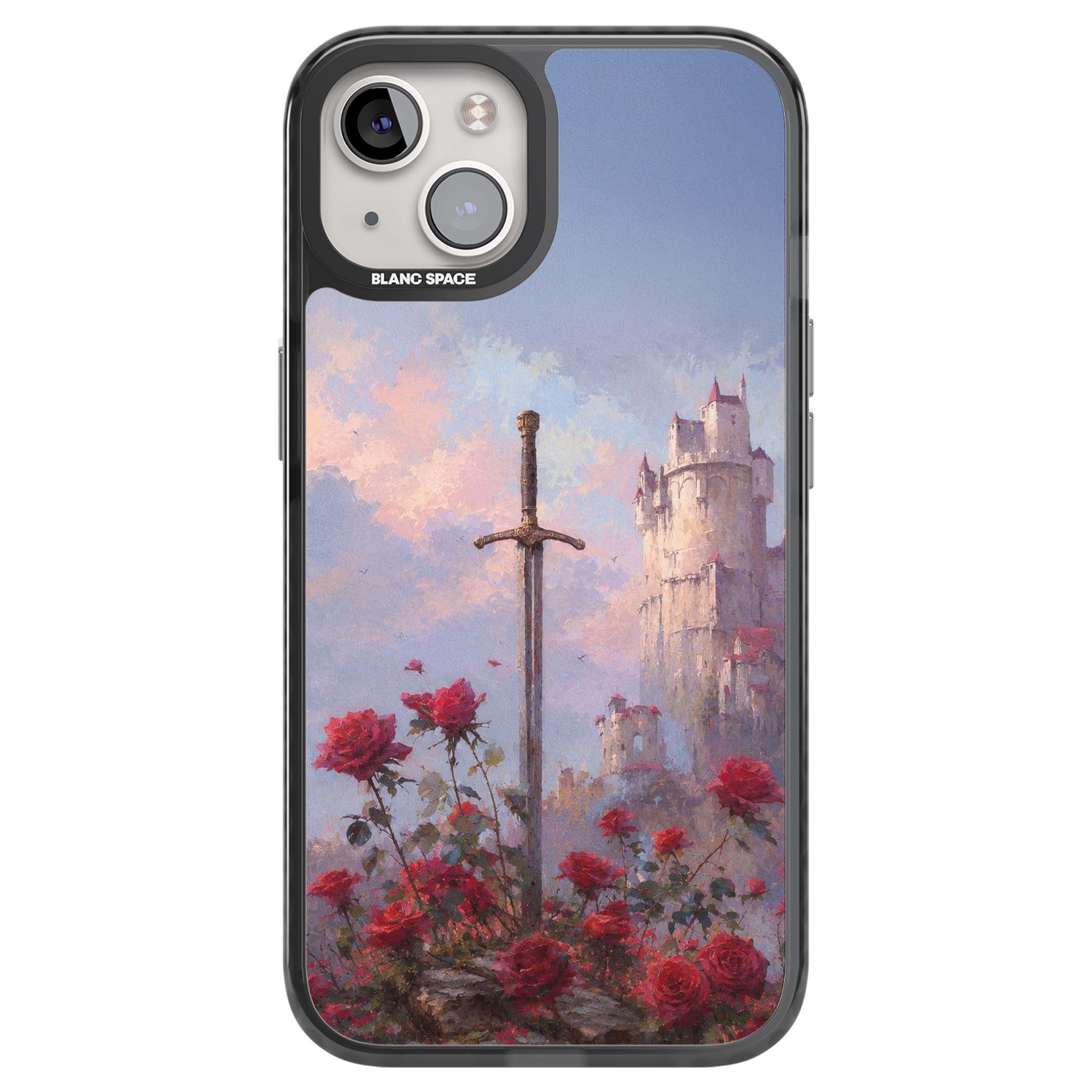 Sword in Roses medieval art iPhone case featuring a sword, red roses, and a misty fairytale castle at sunset | Black Impact Magsafe case for iPhone 13, iPhone 14, iPhone 15