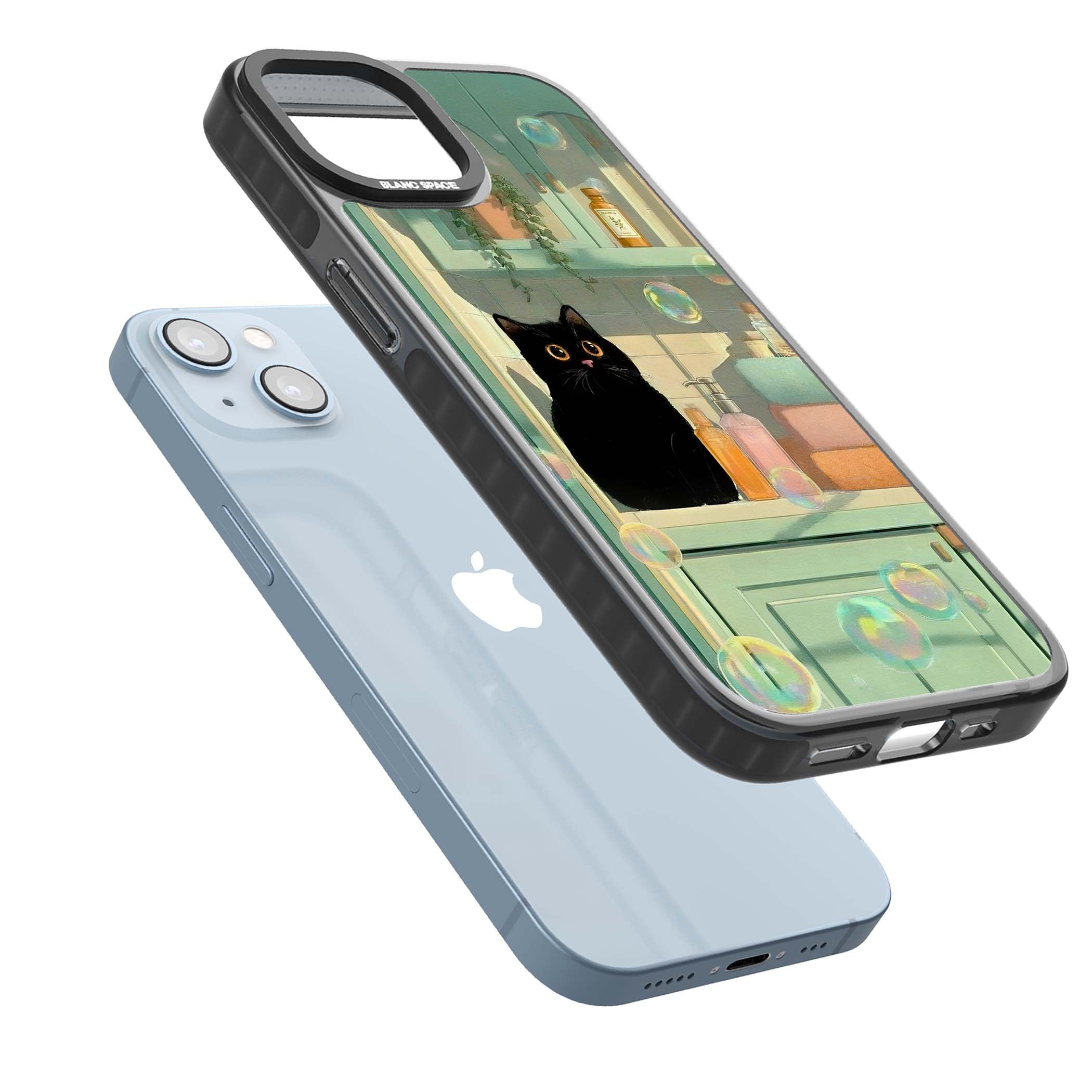 Bathroom Bubble Kitty cottagecore iPhone case featuring a black cat, mint bathroom scene and floating soap bubbles | Black Impact Magsafe case for iPhone 13, iPhone 14, iPhone 15