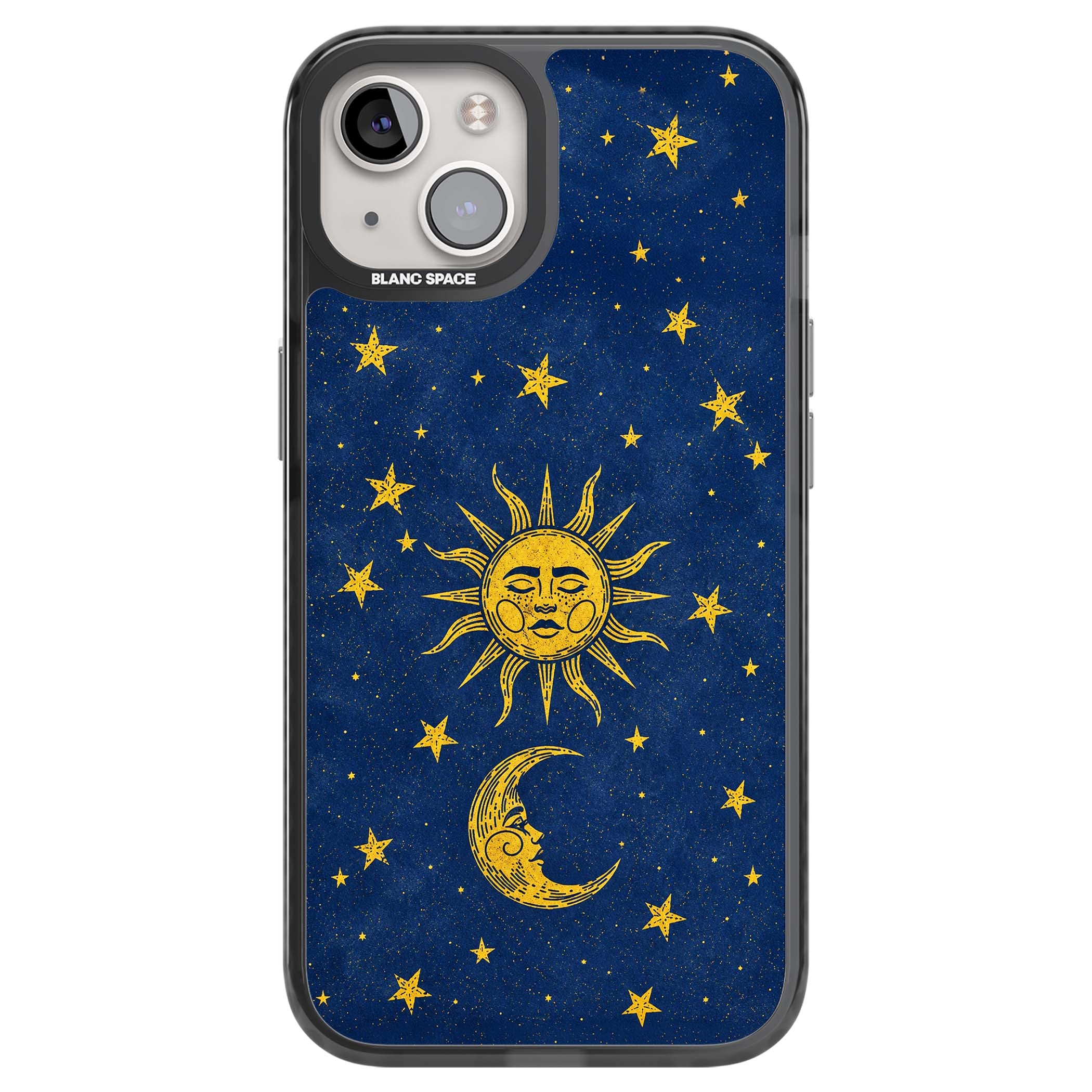 Sun & Moon Reverie celestial iPhone case featuring a vintage golden sun, crescent moon and scattered stars on midnight blue | Black Impact Magsafe case for iPhone 13, iPhone 14, iPhone 15