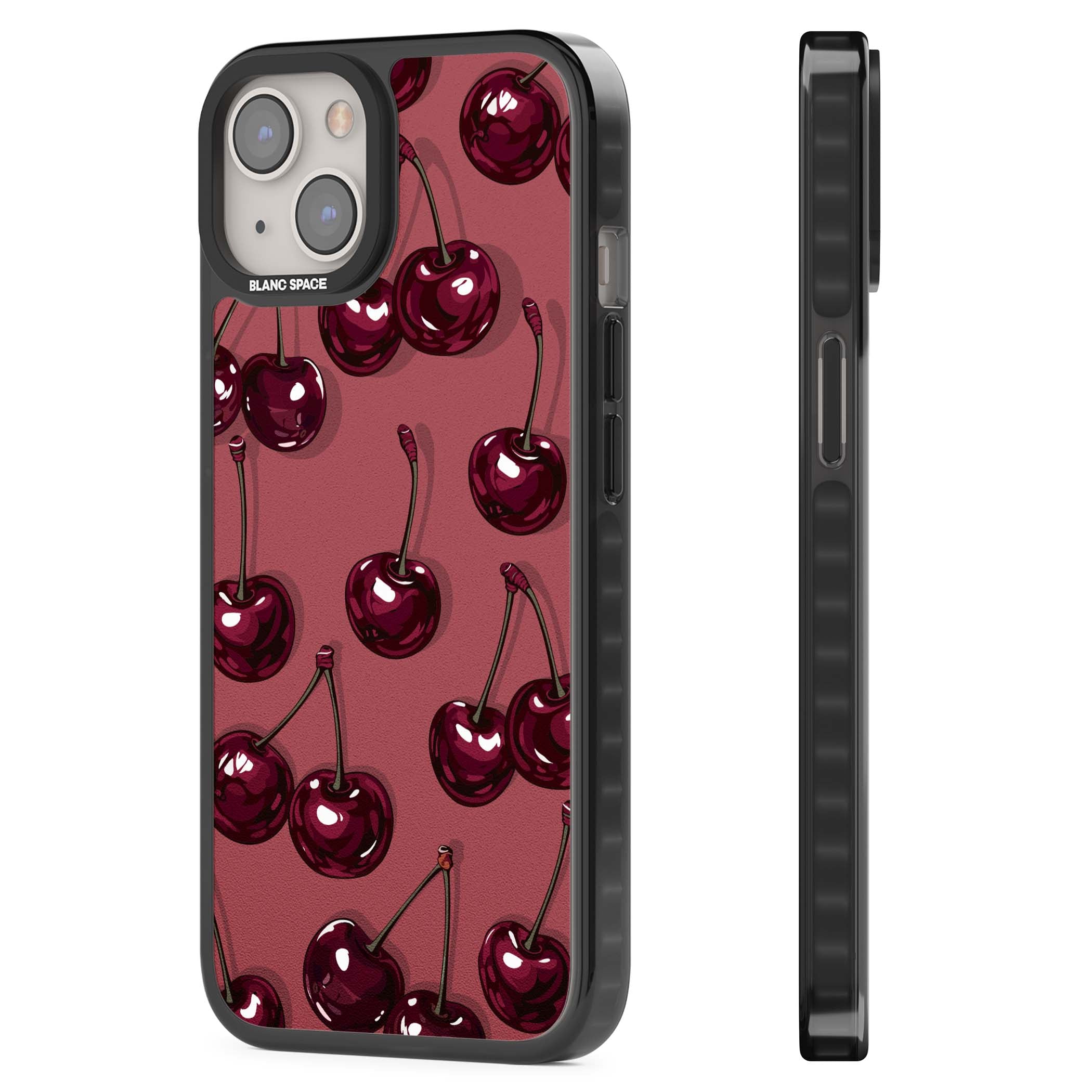 Cherry Rebel coquette iPhone case featuring glossy burgundy cherries on a dusty rose background | Black Impact Magsafe case for iPhone 13, iPhone 14, iPhone 15