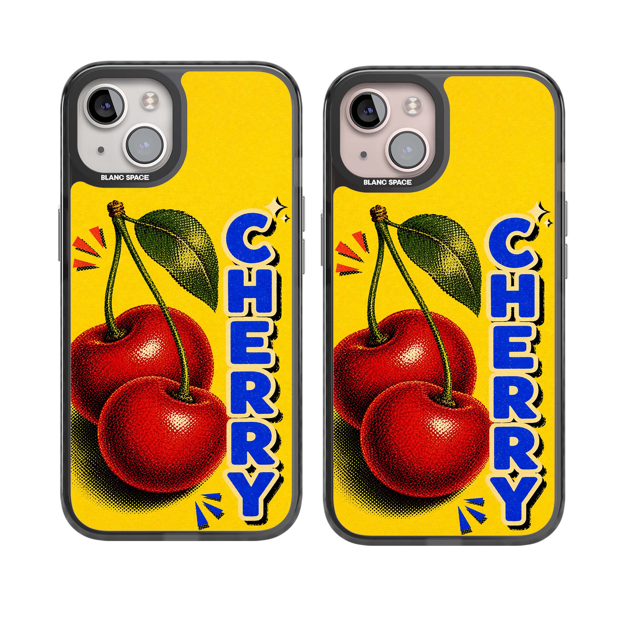 Cherry Yellow y2k iPhone case featuring two red cherries, halftone shading and bold blue CHERRY lettering on yellow | Black Impact Magsafe case for iPhone 13, iPhone 14, iPhone 15