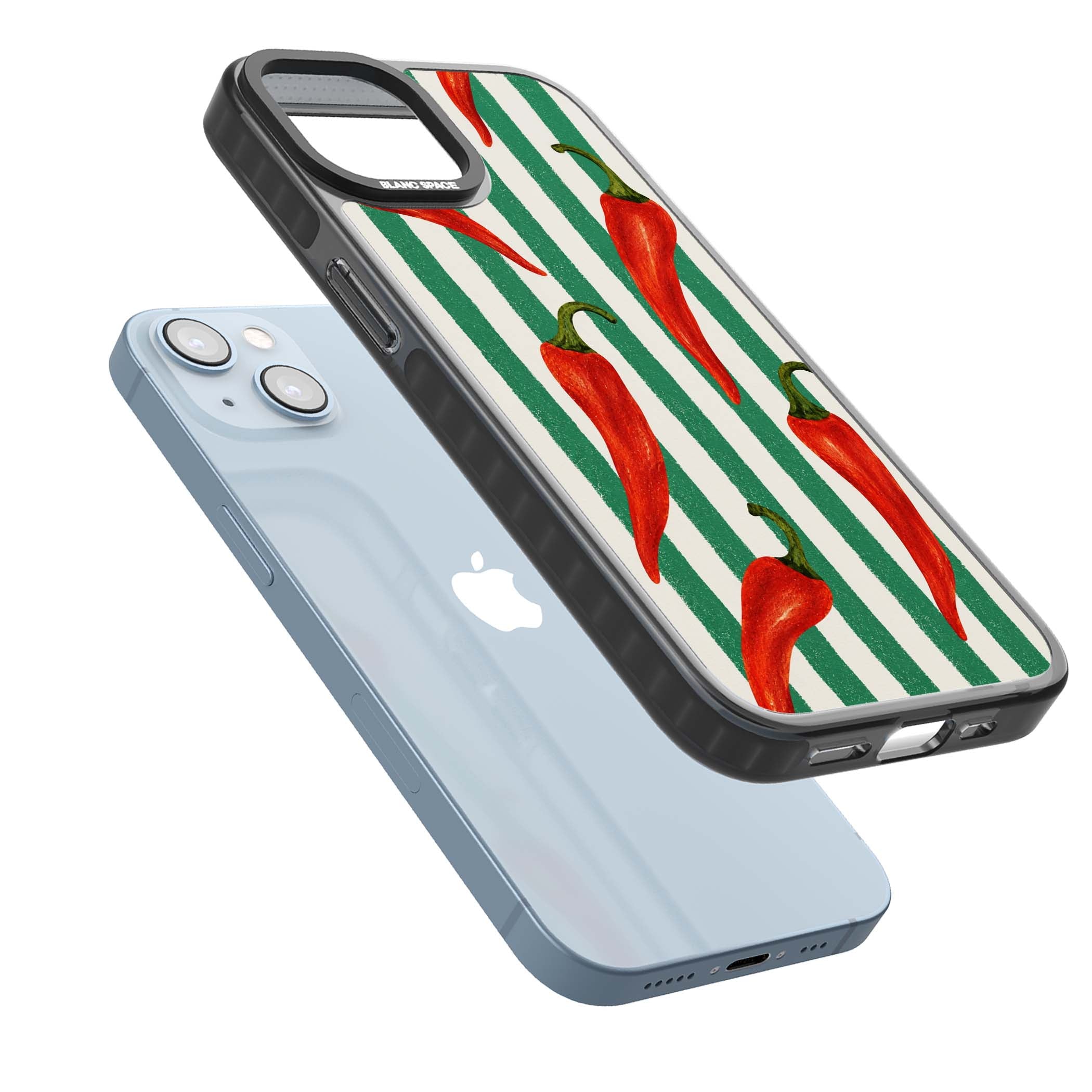 Striped Chillis coastal iPhone case featuring hand-painted red chili peppers on green and cream stripes | Black Impact Magsafe case for iPhone 13, iPhone 14, iPhone 15