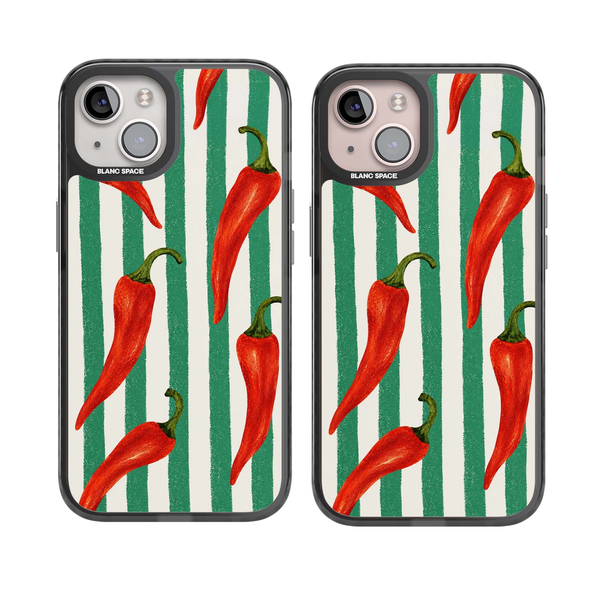 Striped Chillis coastal iPhone case featuring hand-painted red chili peppers on green and cream stripes | Black Impact Magsafe case for iPhone 13, iPhone 14, iPhone 15