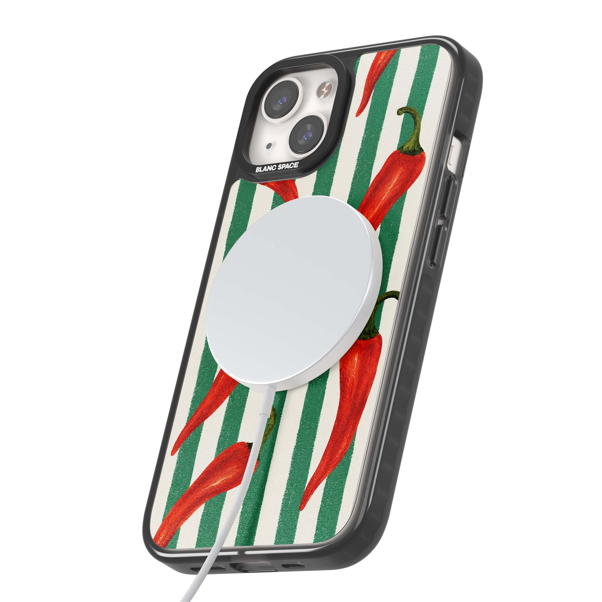 Striped Chillis coastal iPhone case featuring hand-painted red chili peppers on green and cream stripes | Black Impact Magsafe case for iPhone 13, iPhone 14, iPhone 15