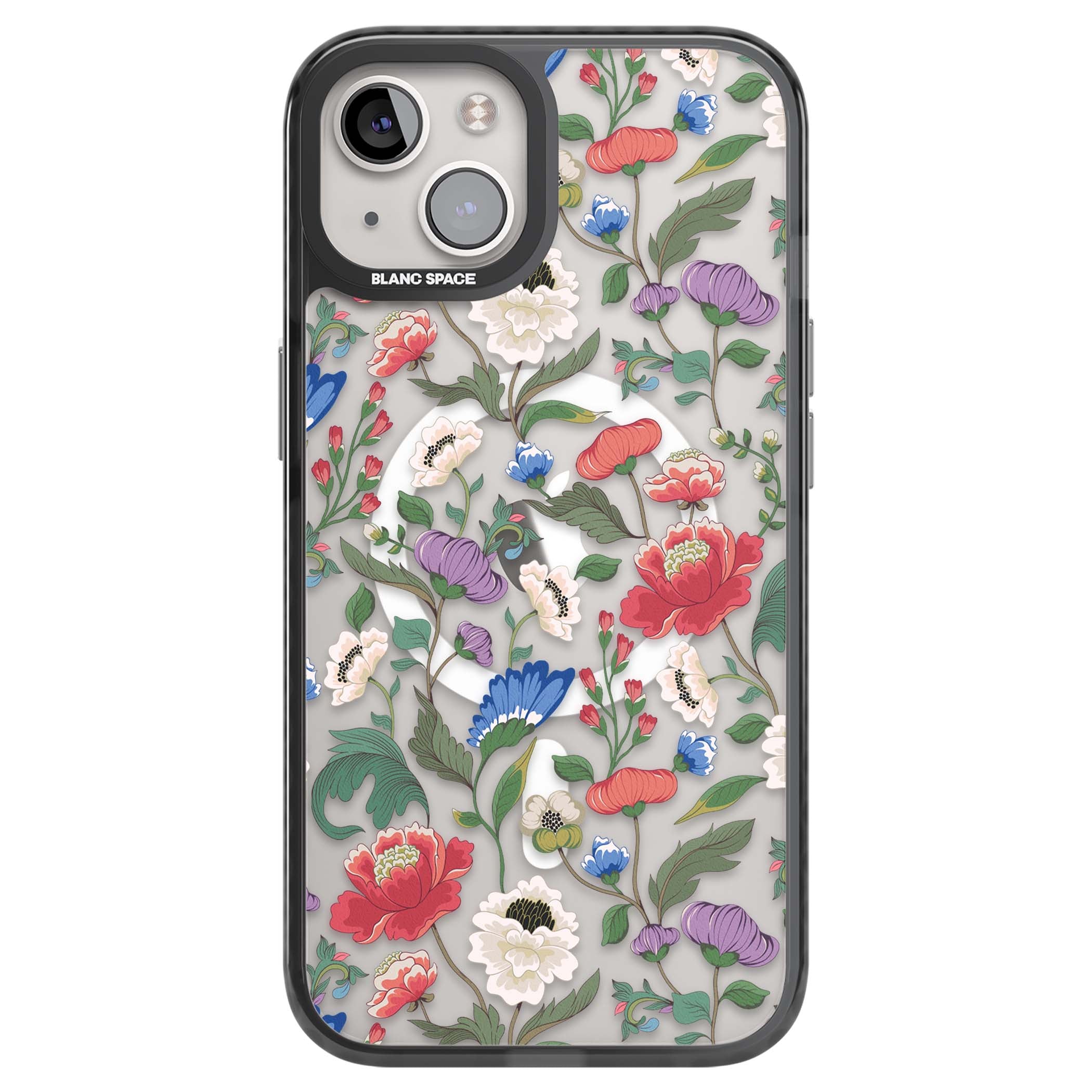 Chinoiserie Bloom vintage floral iPhone case featuring hand-painted peonies, poppies and trailing wildflowers on clear... | Black Impact Magsafe case for iPhone 13, iPhone 14, iPhone 15