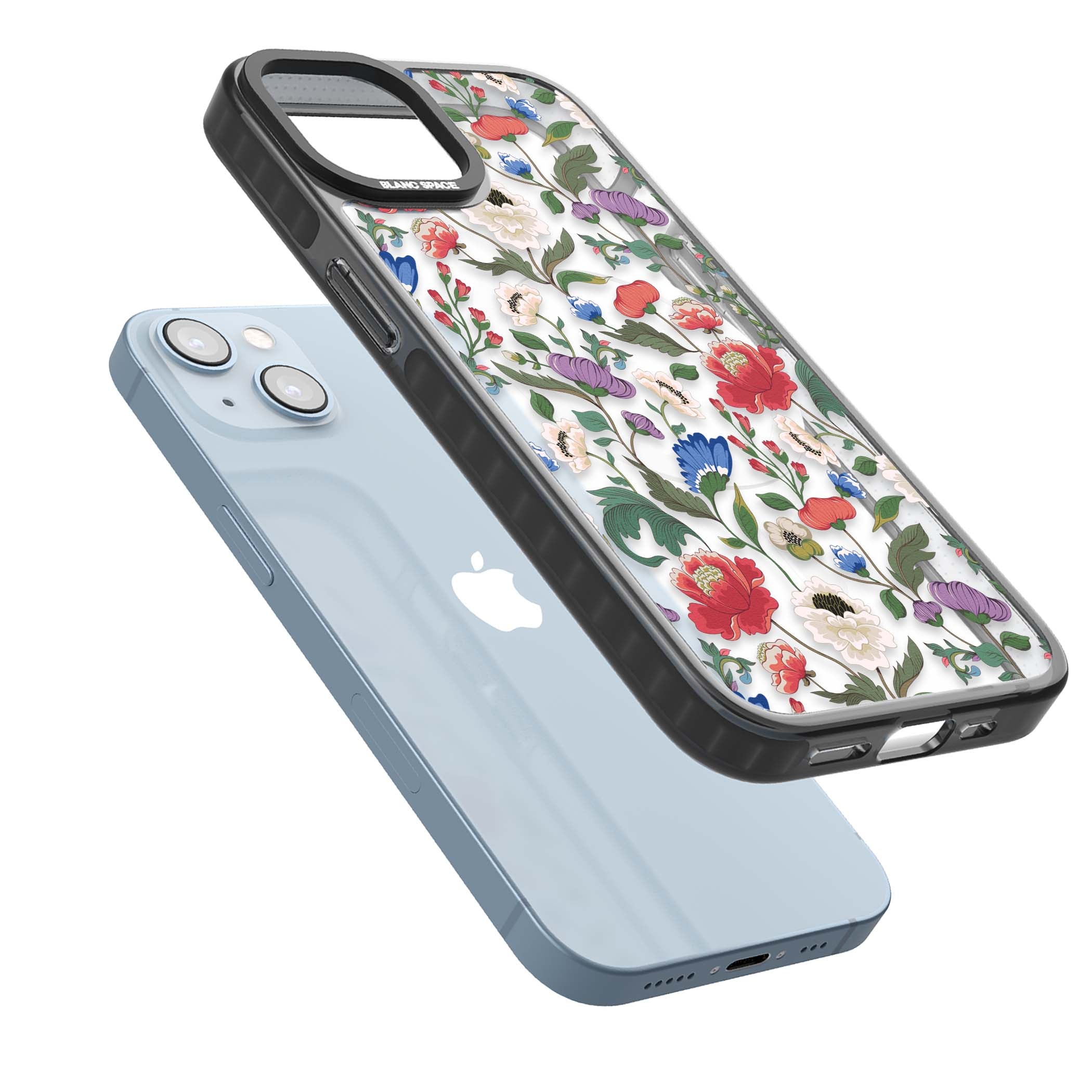 Chinoiserie Bloom vintage floral iPhone case featuring hand-painted peonies, poppies and trailing wildflowers on clear... | Black Impact Magsafe case for iPhone 13, iPhone 14, iPhone 15
