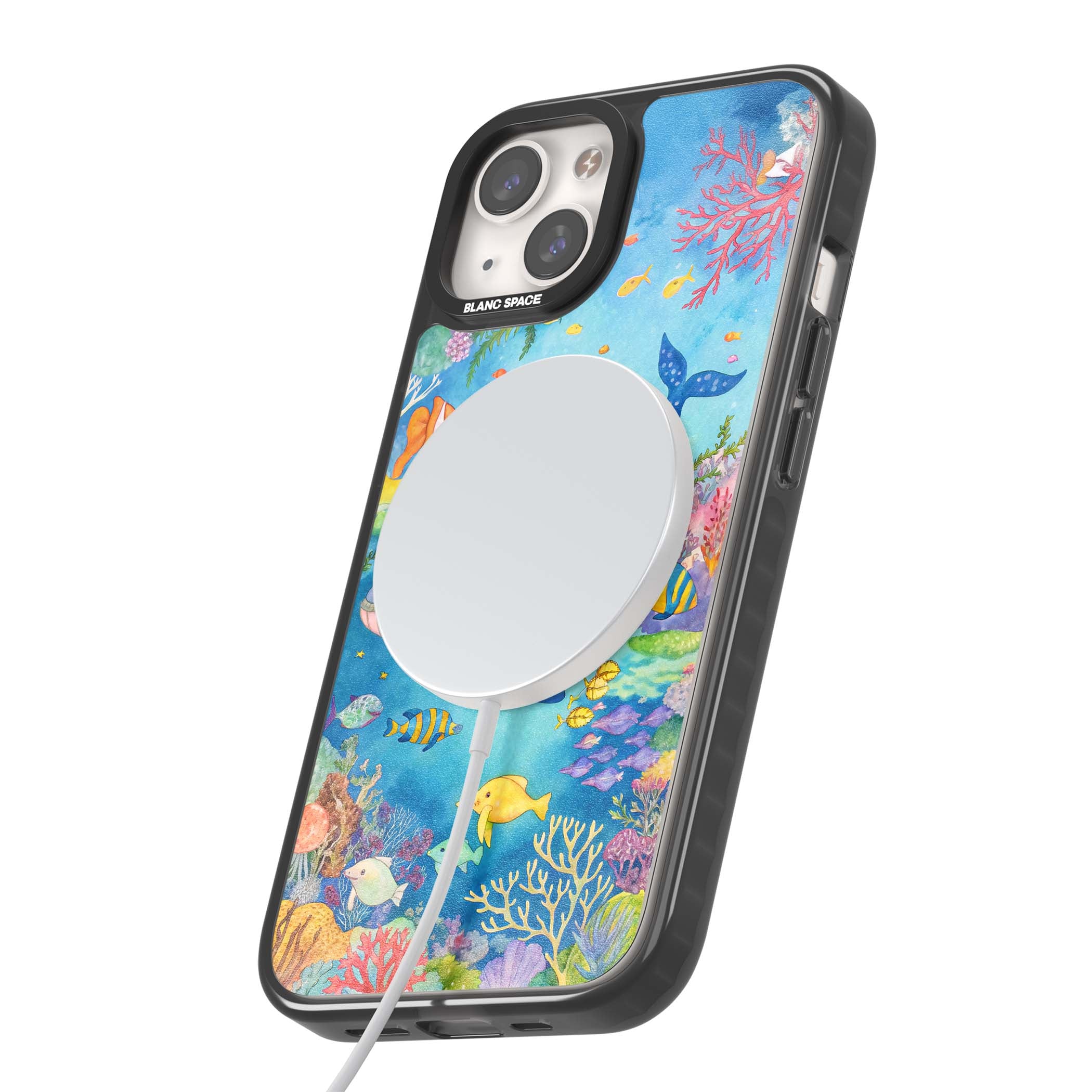 Coral Lagoon ocean iPhone case featuring a watercolour whale, coral reef and tropical fish | Black Impact Magsafe case for iPhone 13, iPhone 14, iPhone 15
