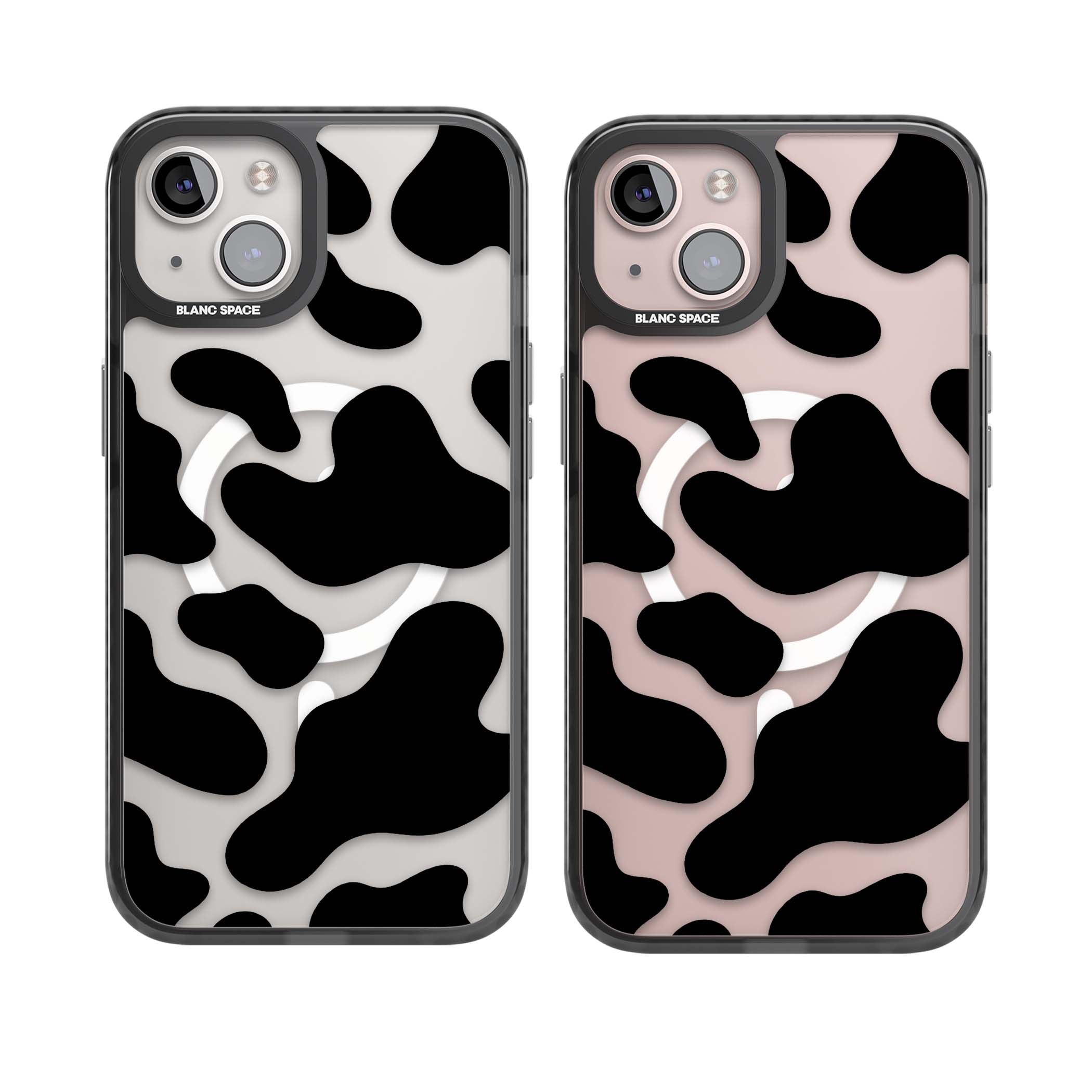 Clear Cow Print cow print iPhone case featuring black and white cow pattern splotches on a clear background | Black Impact Magsafe case for iPhone 13, iPhone 14, iPhone 15