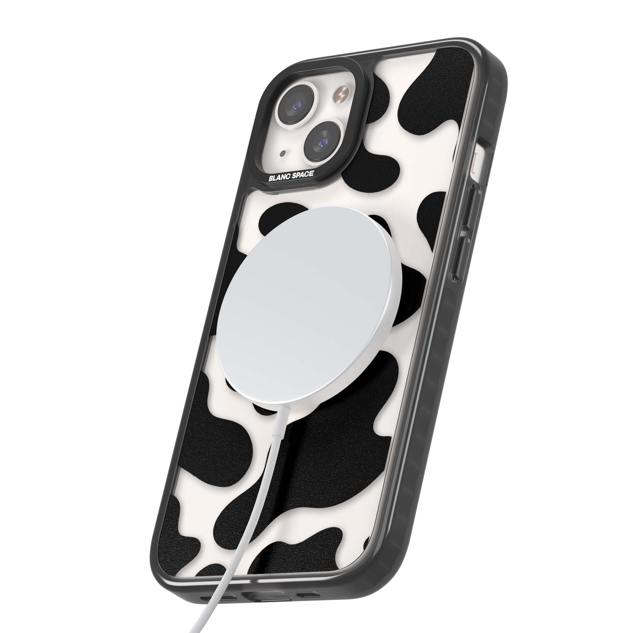 Clear Cow Print cow print iPhone case featuring black and white cow pattern splotches on a clear background | Black Impact Magsafe case for iPhone 13, iPhone 14, iPhone 15