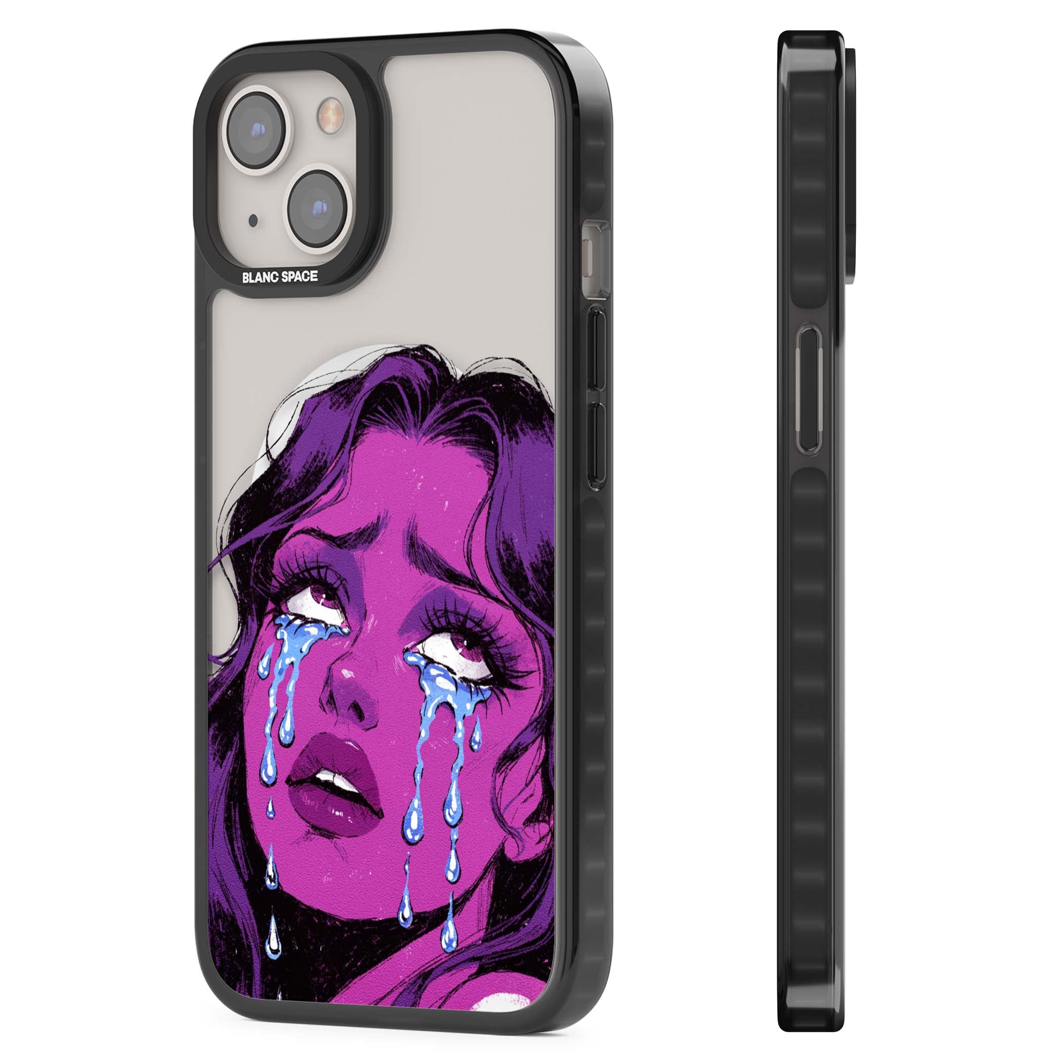 Drama Queen pop art iPhone case featuring a purple crying comic girl with blue tears | Black Impact Magsafe case for iPhone 13, iPhone 14, iPhone 15