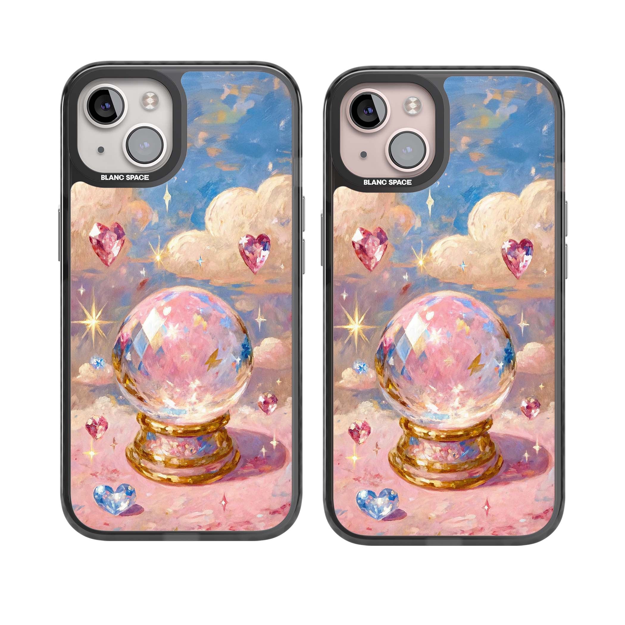 Crystal Ball fairycore iPhone case featuring a painted crystal ball, heart gemstones, and pastel clouds | Black Impact Magsafe case for iPhone 13, iPhone 14, iPhone 15