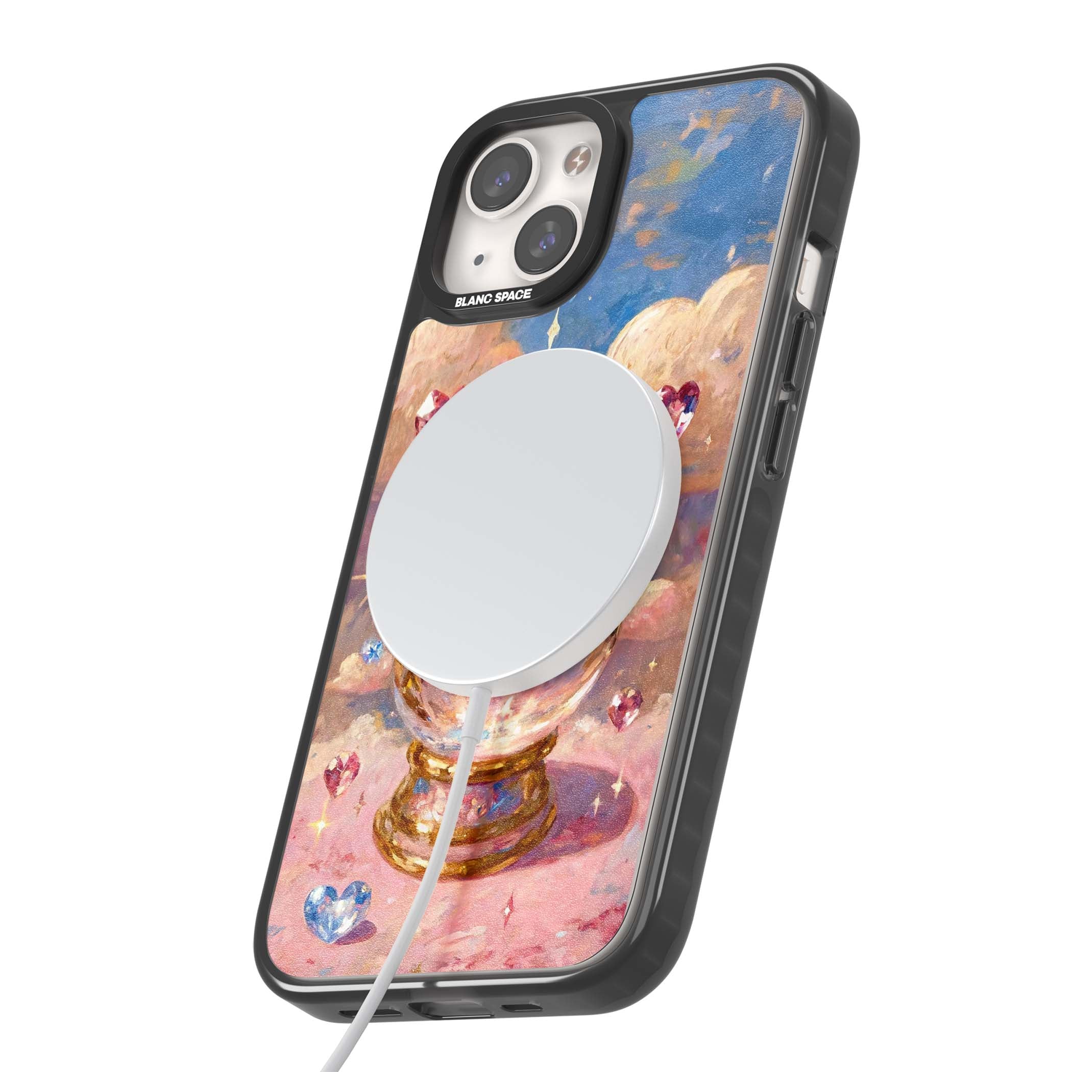 Crystal Ball fairycore iPhone case featuring a painted crystal ball, heart gemstones, and pastel clouds | Black Impact Magsafe case for iPhone 13, iPhone 14, iPhone 15