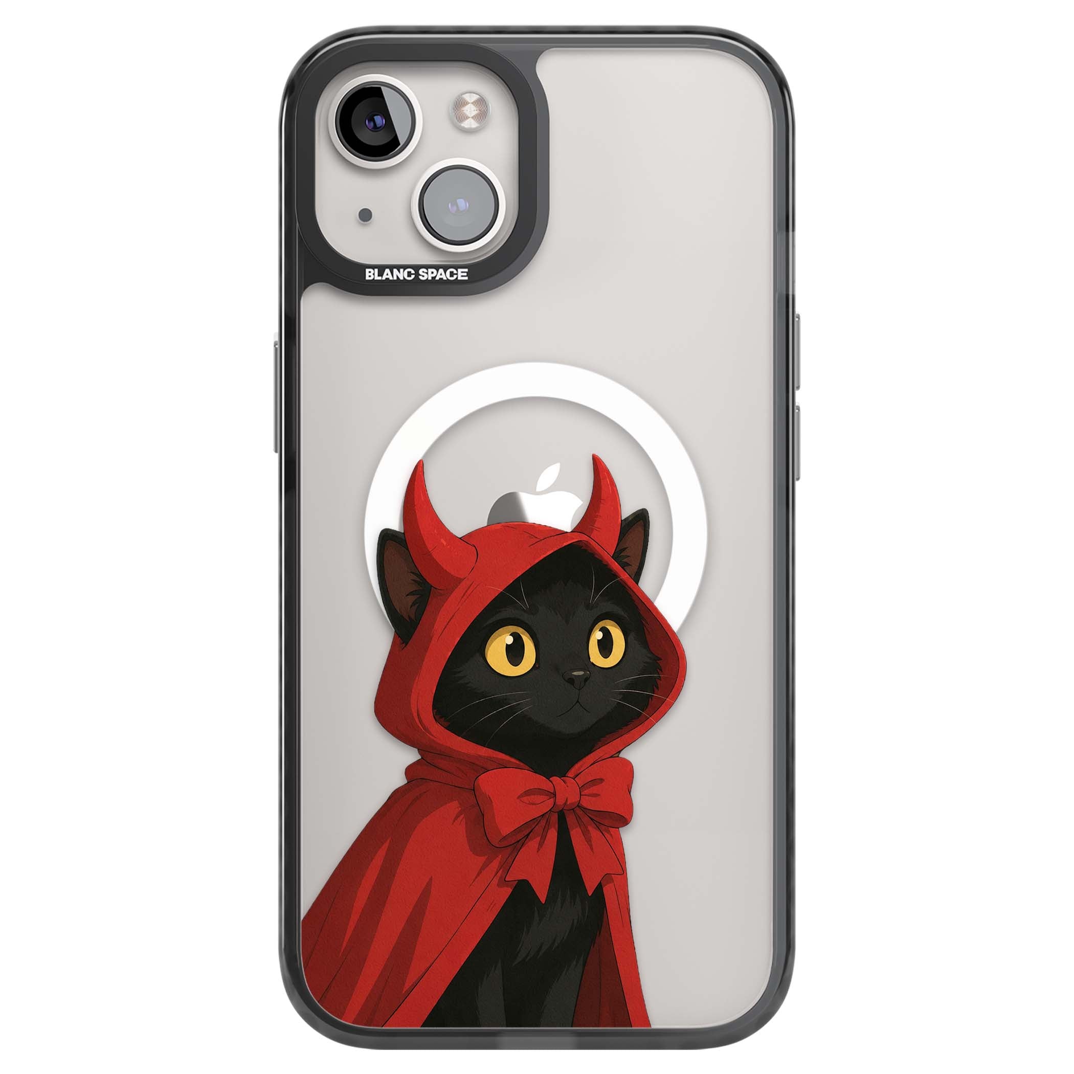 Little Devil halloween iPhone case featuring a black cat in a red hooded devil cloak with horns and golden eyes | Black Impact Magsafe case for iPhone 13, iPhone 14, iPhone 15