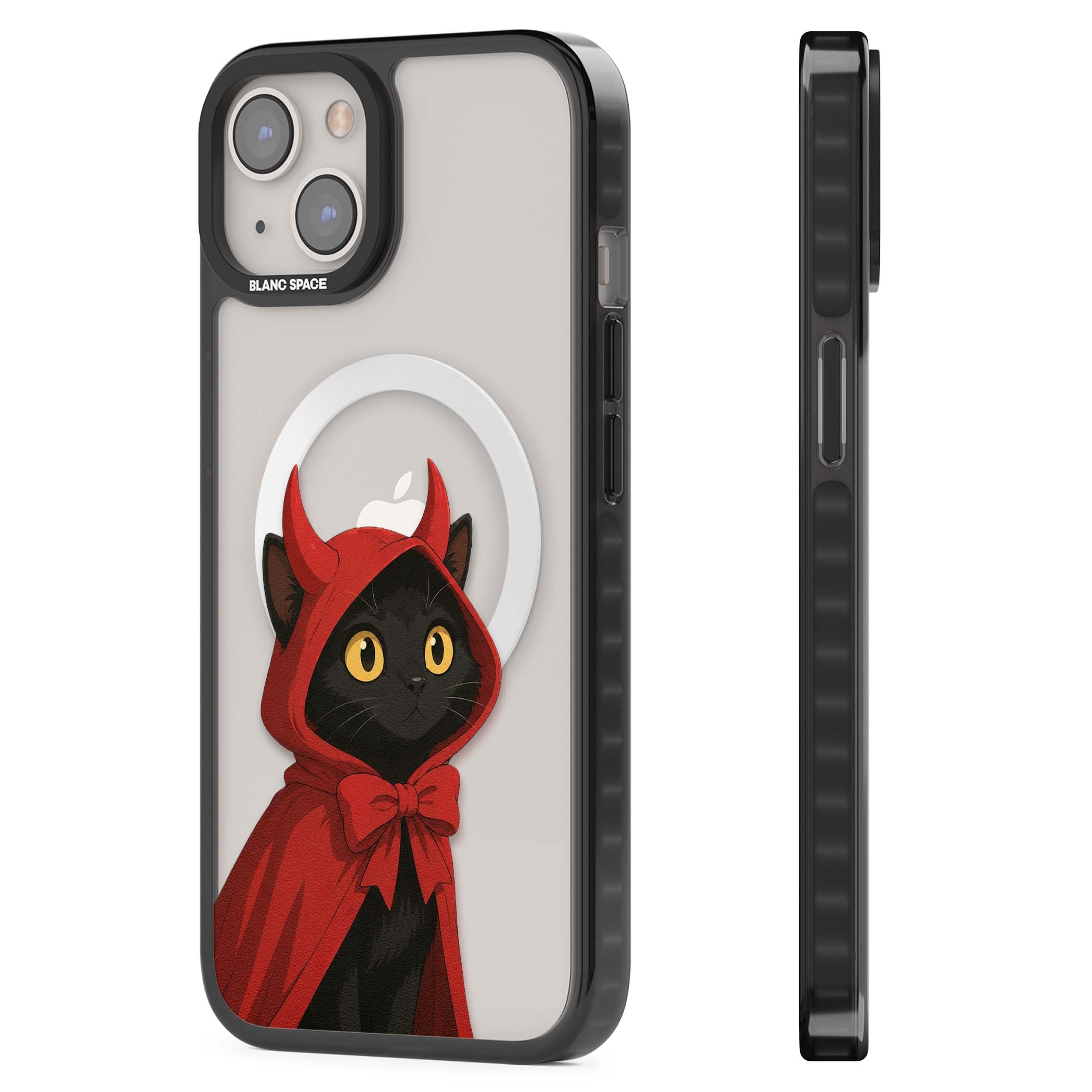 Little Devil halloween iPhone case featuring a black cat in a red hooded devil cloak with horns and golden eyes | Black Impact Magsafe case for iPhone 13, iPhone 14, iPhone 15