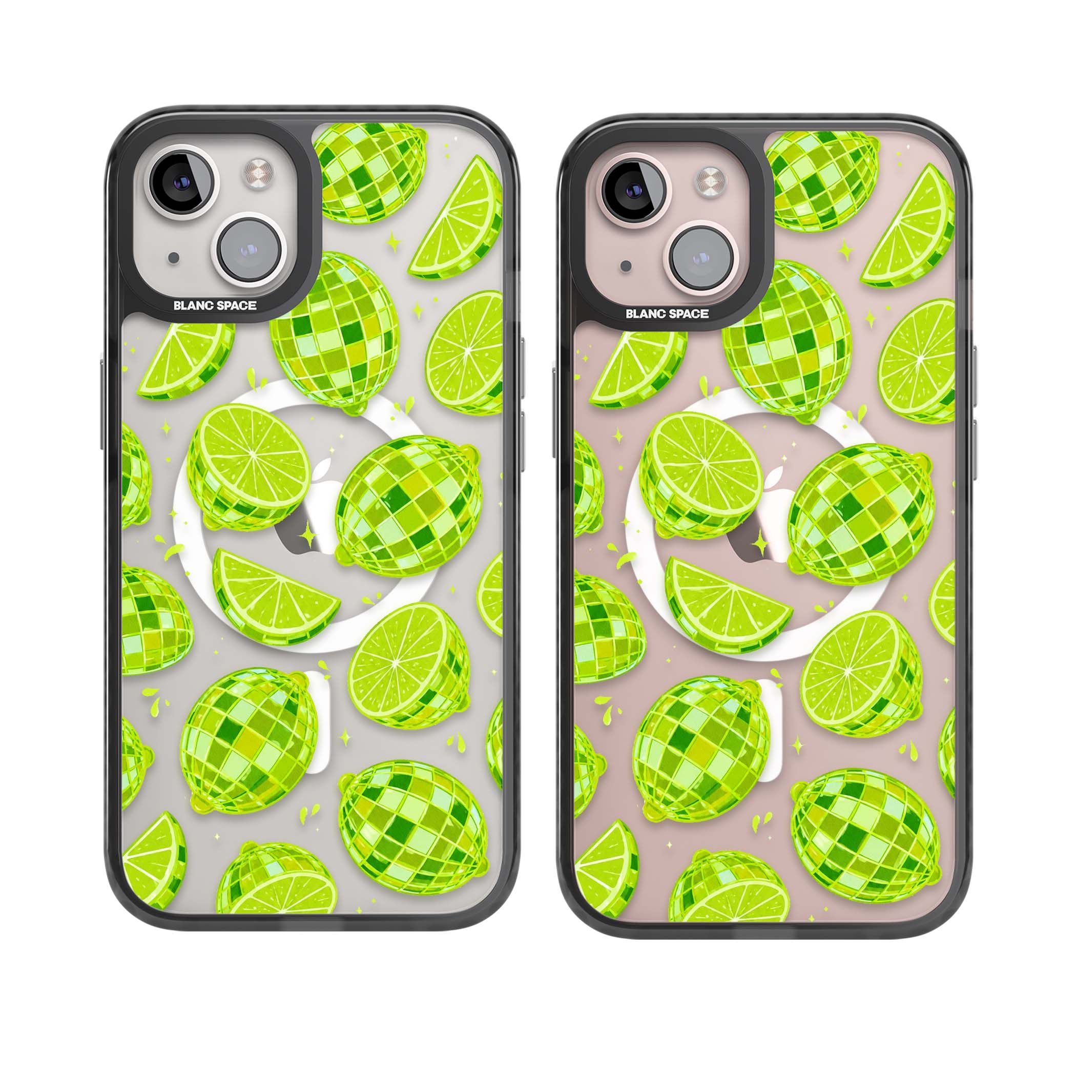 Disco Limes fruit aesthetic iPhone case featuring green disco balls, lime slices and citrus sparkles | Black Impact Magsafe case for iPhone 13, iPhone 14, iPhone 15