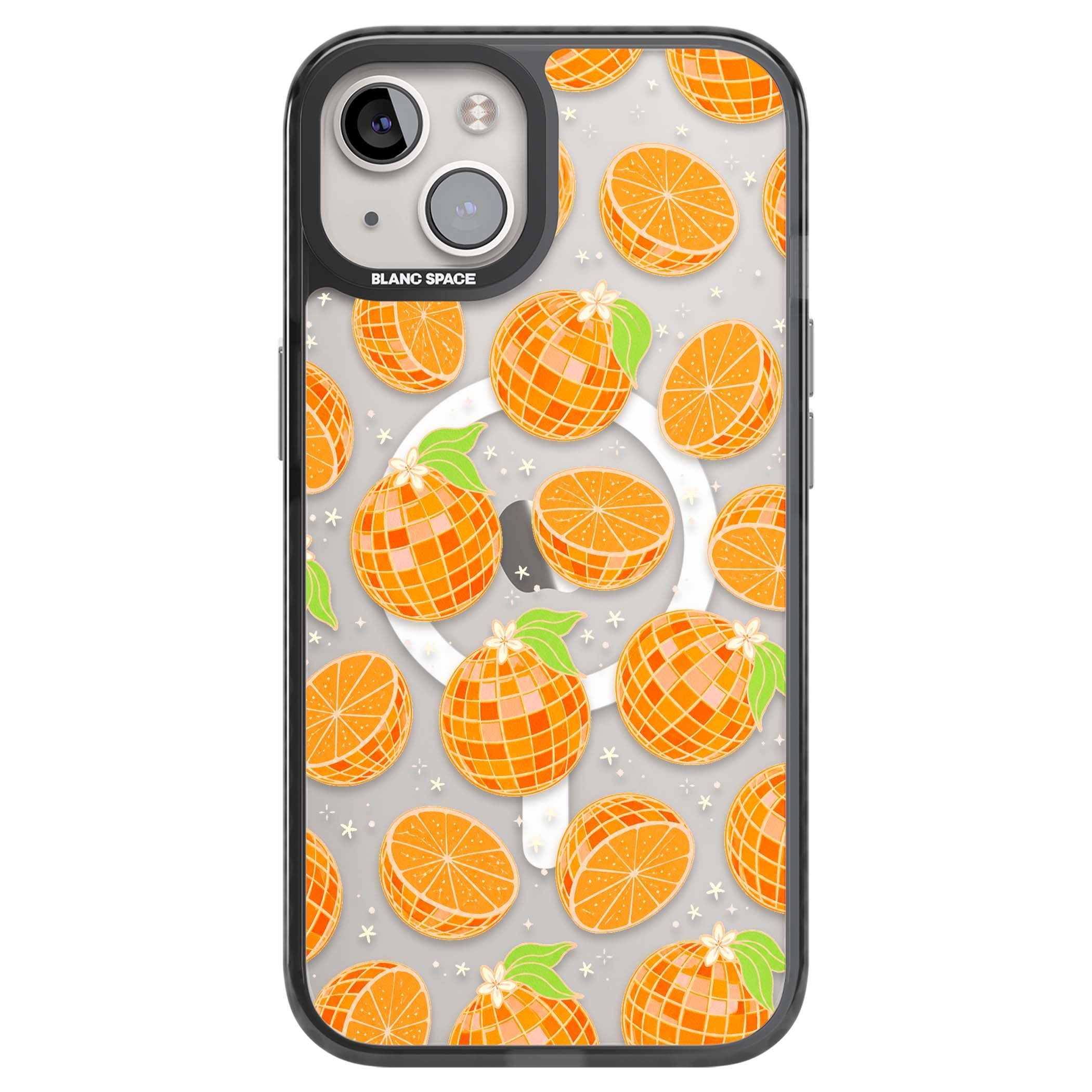 Disco Oranges retro iPhone case featuring mirrorball oranges, citrus slices and tiny blossoms on clear | Black Impact Magsafe case for iPhone 13, iPhone 14, iPhone 15