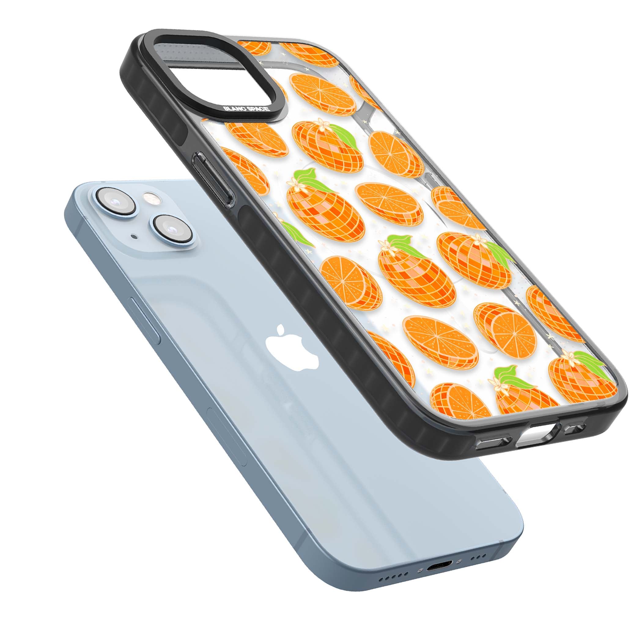 Disco Oranges retro iPhone case featuring mirrorball oranges, citrus slices and tiny blossoms on clear | Black Impact Magsafe case for iPhone 13, iPhone 14, iPhone 15