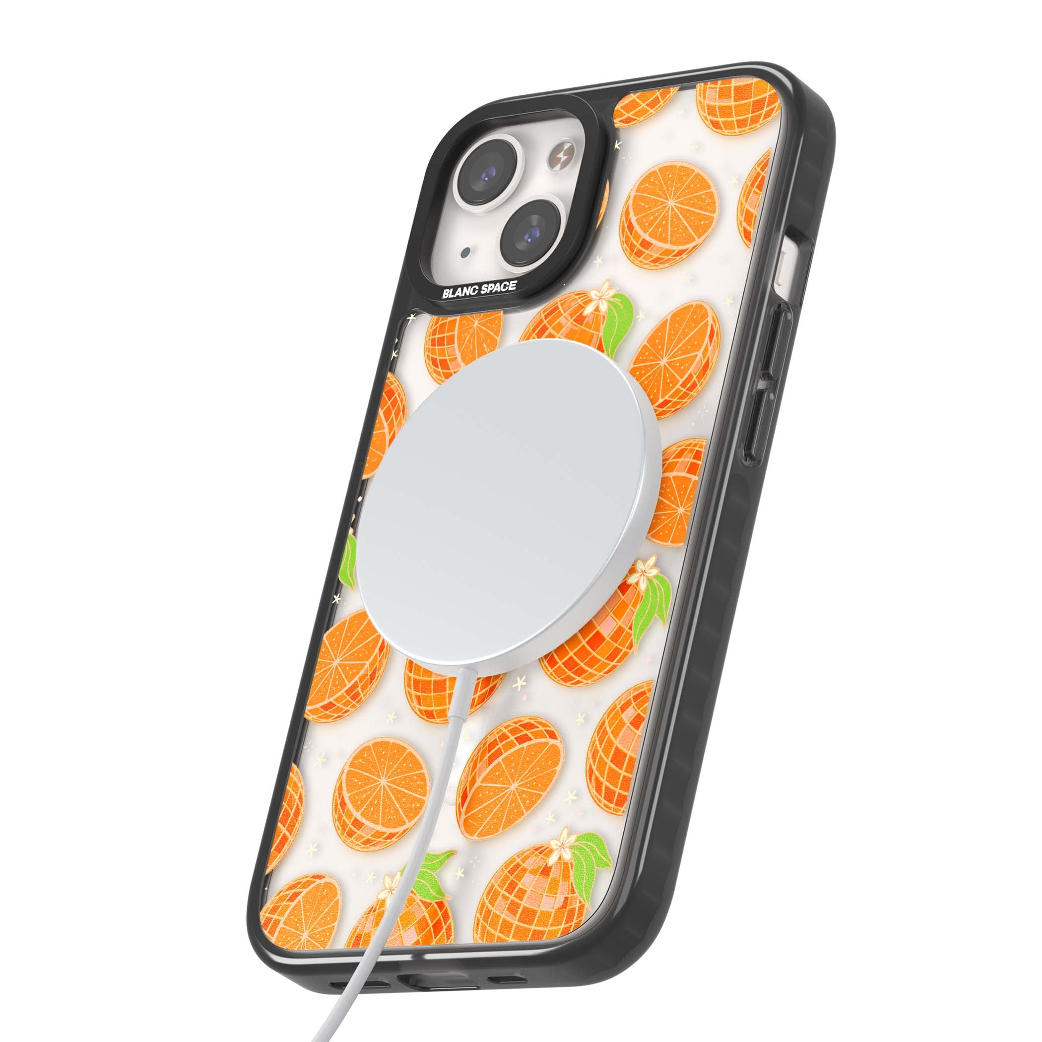 Disco Oranges retro iPhone case featuring mirrorball oranges, citrus slices and tiny blossoms on clear | Black Impact Magsafe case for iPhone 13, iPhone 14, iPhone 15