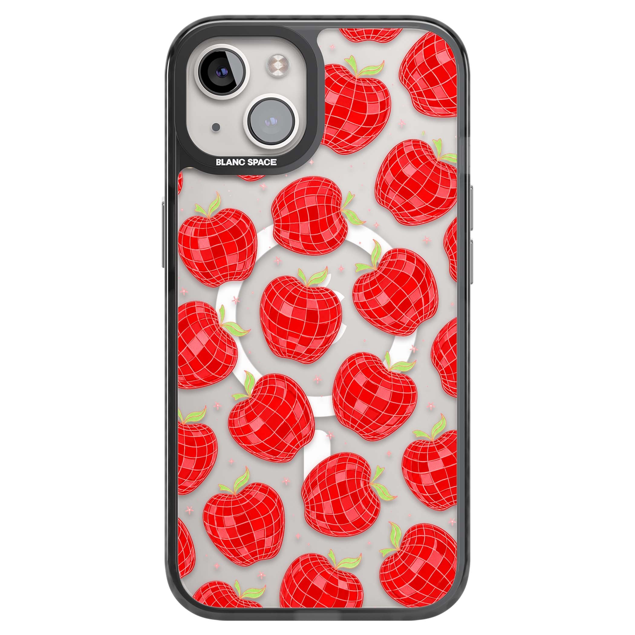 Disco Apples Y2K iPhone case featuring red disco ball apples, green leaves and pink sparkles on clear | Black Impact Magsafe case for iPhone 13, iPhone 14, iPhone 15