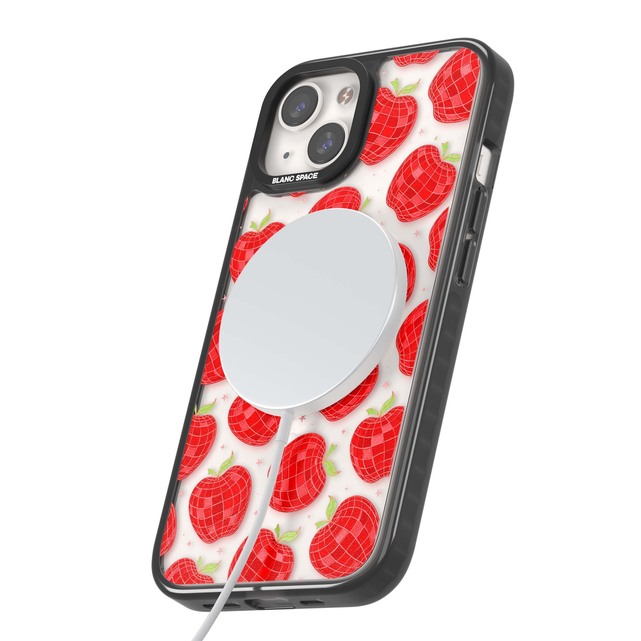 Disco Apples Y2K iPhone case featuring red disco ball apples, green leaves and pink sparkles on clear | Black Impact Magsafe case for iPhone 13, iPhone 14, iPhone 15