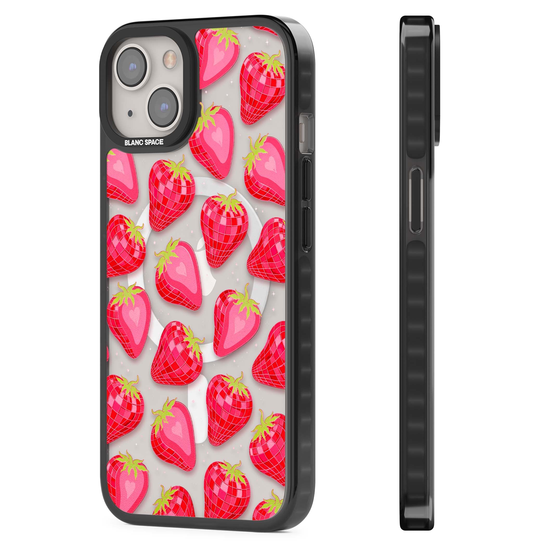 Disco Strawberry Y2K iPhone case featuring pink disco-ball strawberries, green leaves and tiny sparkles | Black Impact Magsafe case for iPhone 13, iPhone 14, iPhone 15