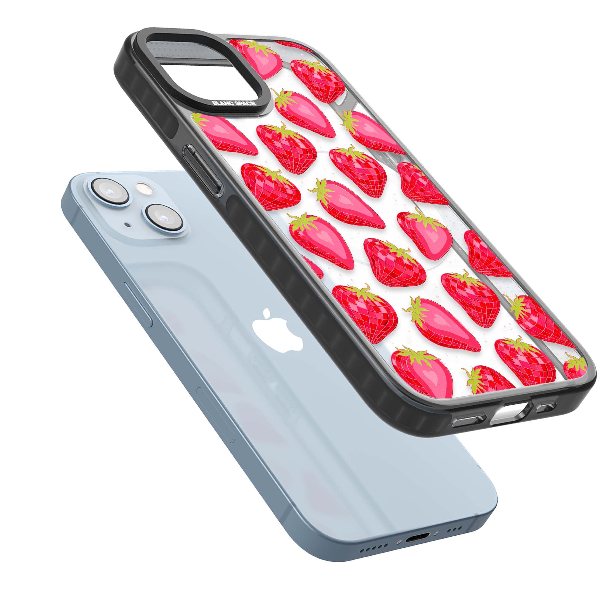 Disco Strawberry Y2K iPhone case featuring pink disco-ball strawberries, green leaves and tiny sparkles | Black Impact Magsafe case for iPhone 13, iPhone 14, iPhone 15
