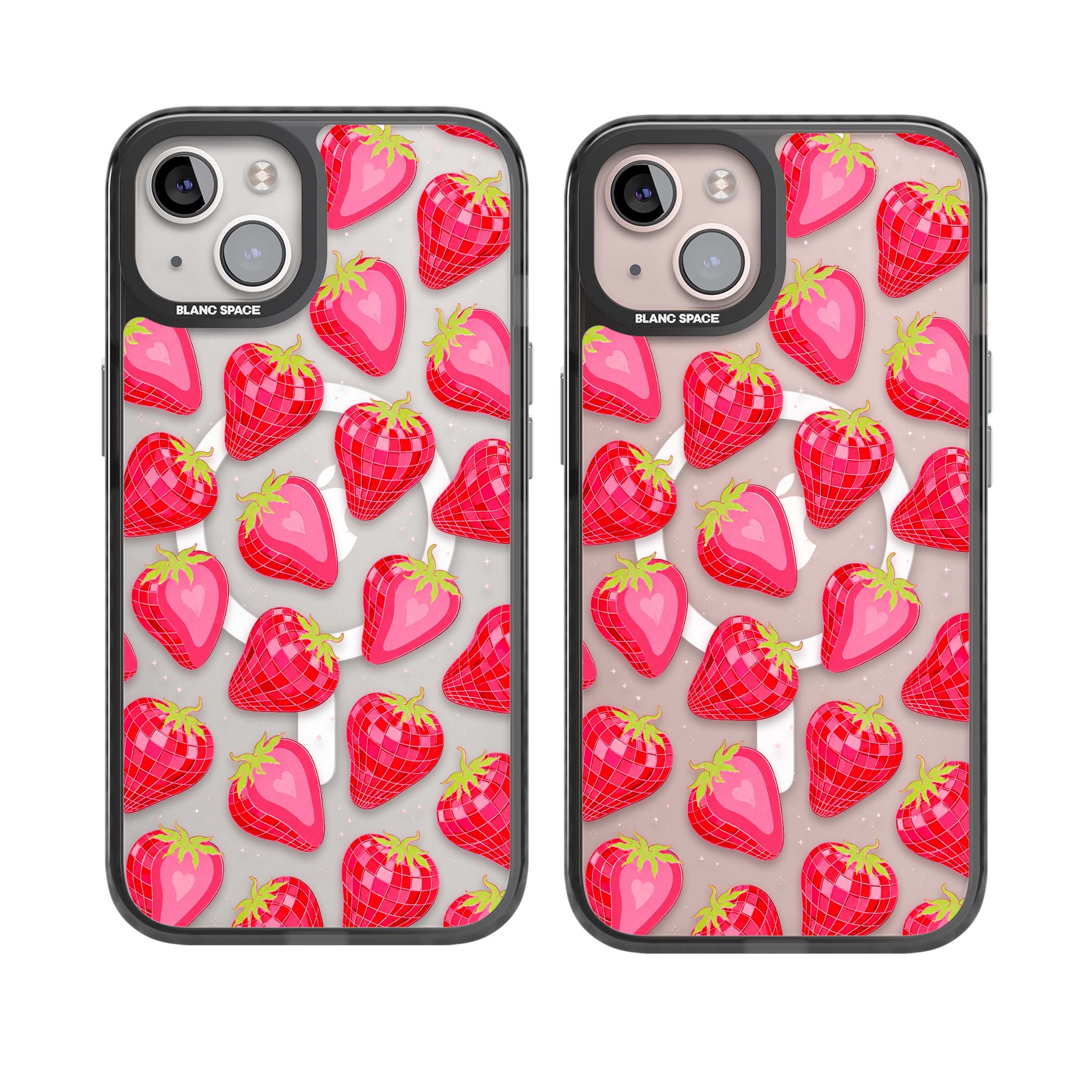 Disco Strawberry Y2K iPhone case featuring pink disco-ball strawberries, green leaves and tiny sparkles | Black Impact Magsafe case for iPhone 13, iPhone 14, iPhone 15