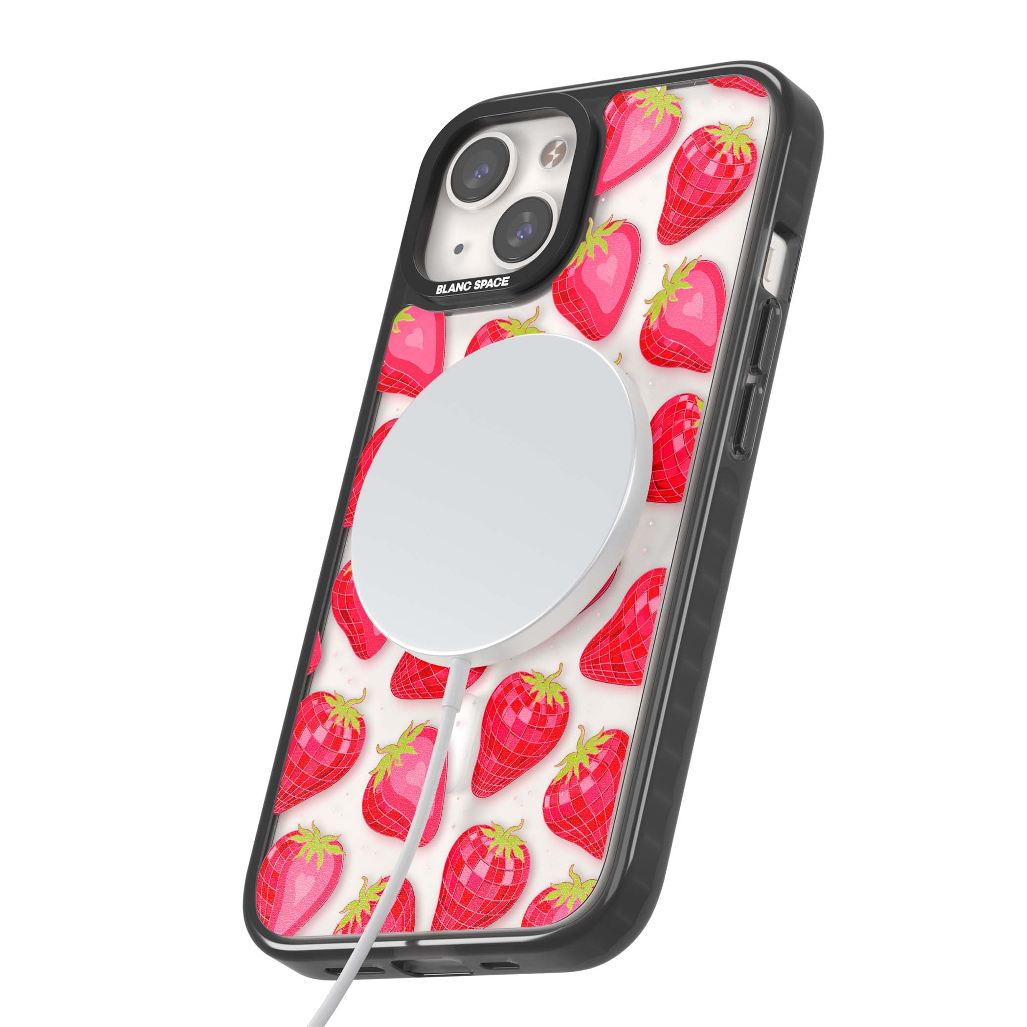Disco Strawberry Y2K iPhone case featuring pink disco-ball strawberries, green leaves and tiny sparkles | Black Impact Magsafe case for iPhone 13, iPhone 14, iPhone 15