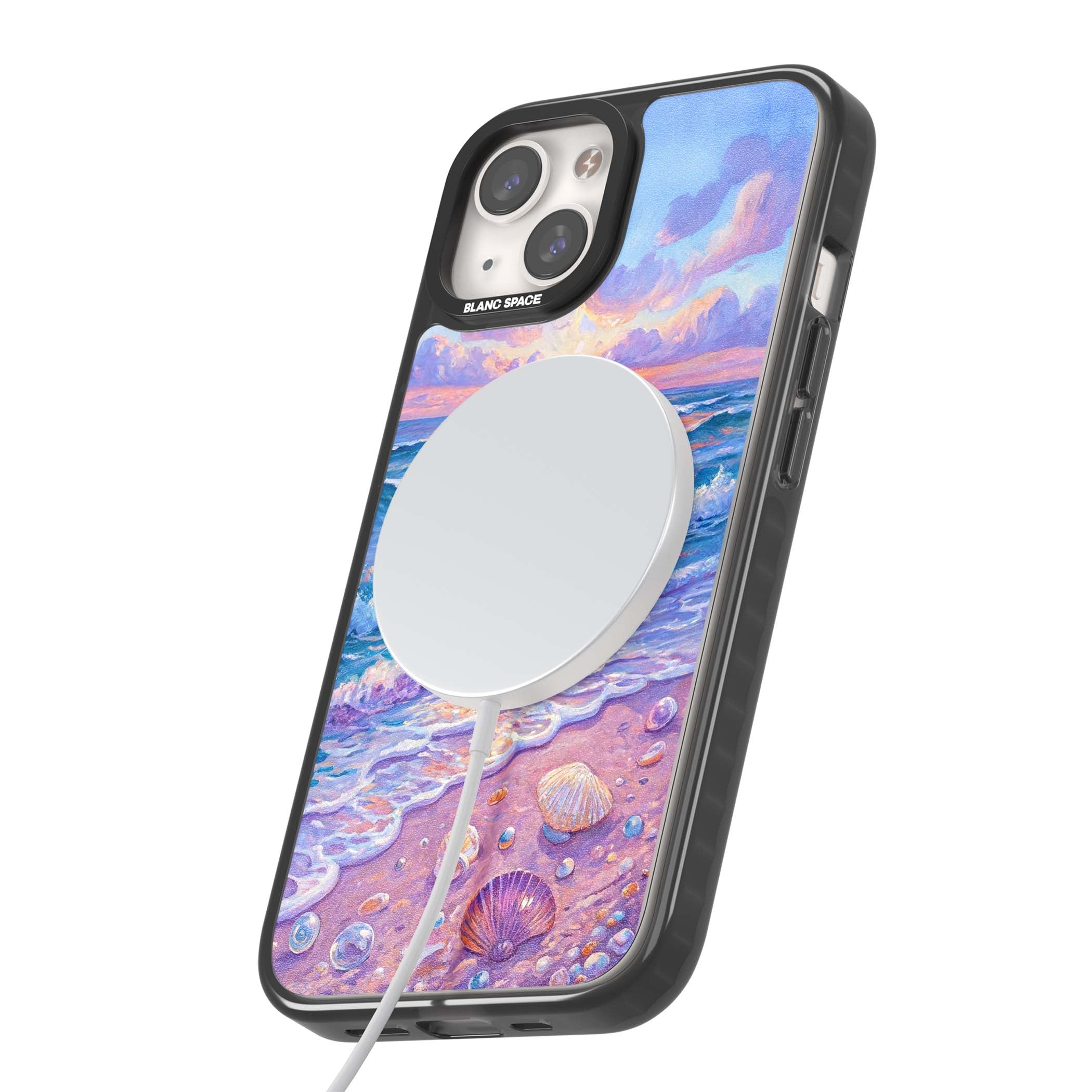 Pearl Shore coastal iPhone case featuring pastel painted waves, seashells, and a sunrise sky over a lavender beach. | Black Impact Magsafe case for iPhone 13, iPhone 14, iPhone 15