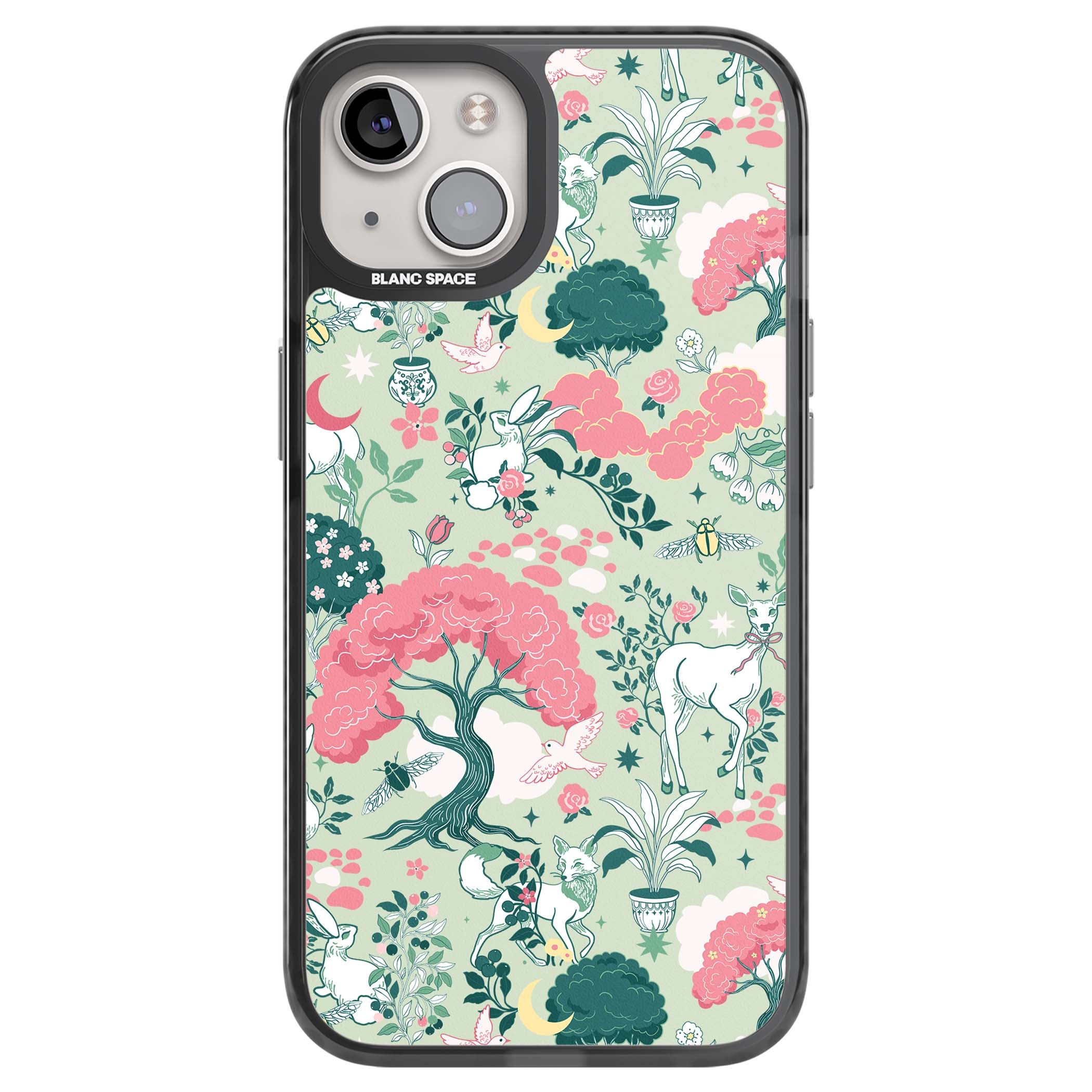 Enchanted Woodland cottagecore iPhone case featuring white deer, pink roses, mushrooms and woodland animals on sage green | Black Impact Magsafe case for iPhone 13, iPhone 14, iPhone 15