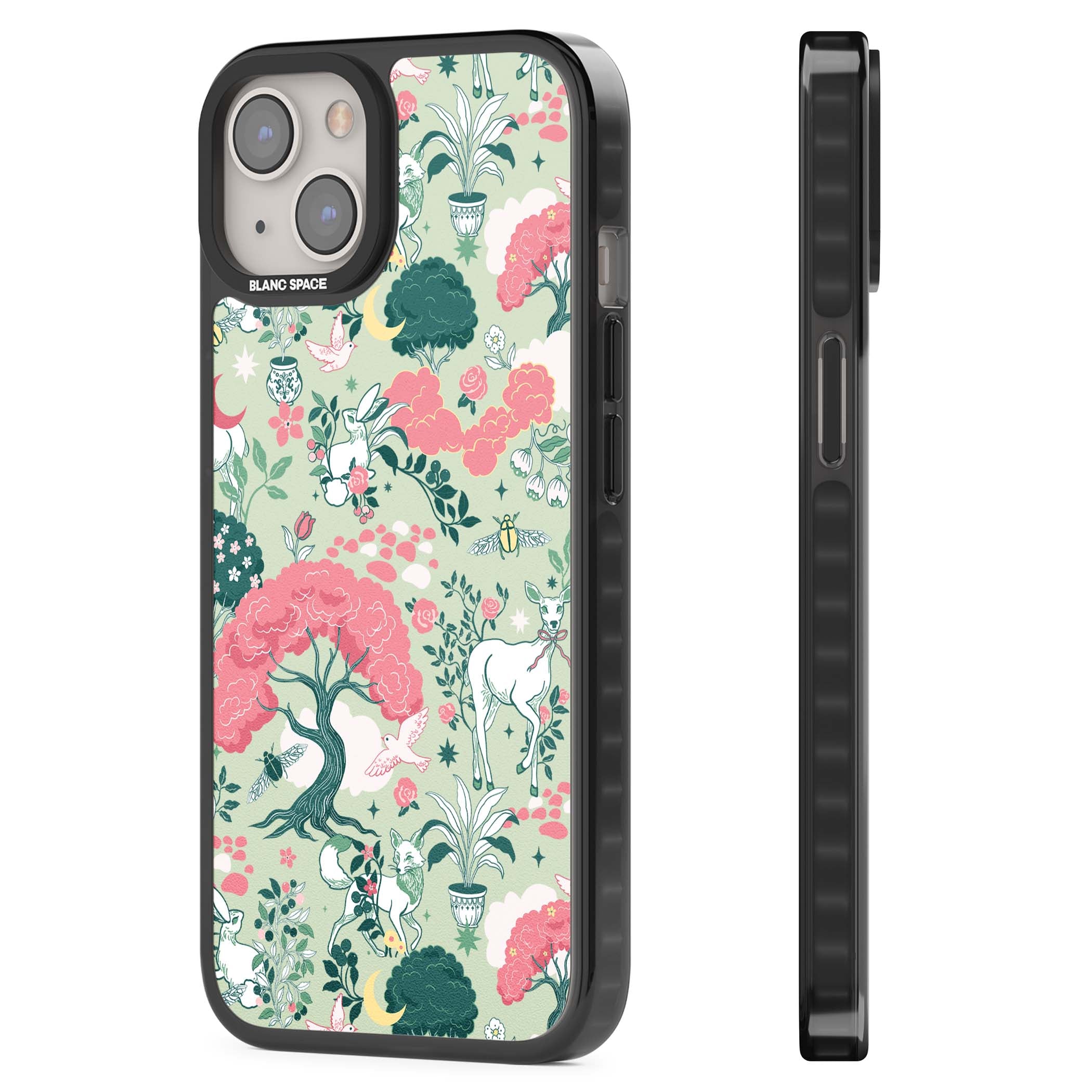 Enchanted Woodland cottagecore iPhone case featuring white deer, pink roses, mushrooms and woodland animals on sage green | Black Impact Magsafe case for iPhone 13, iPhone 14, iPhone 15