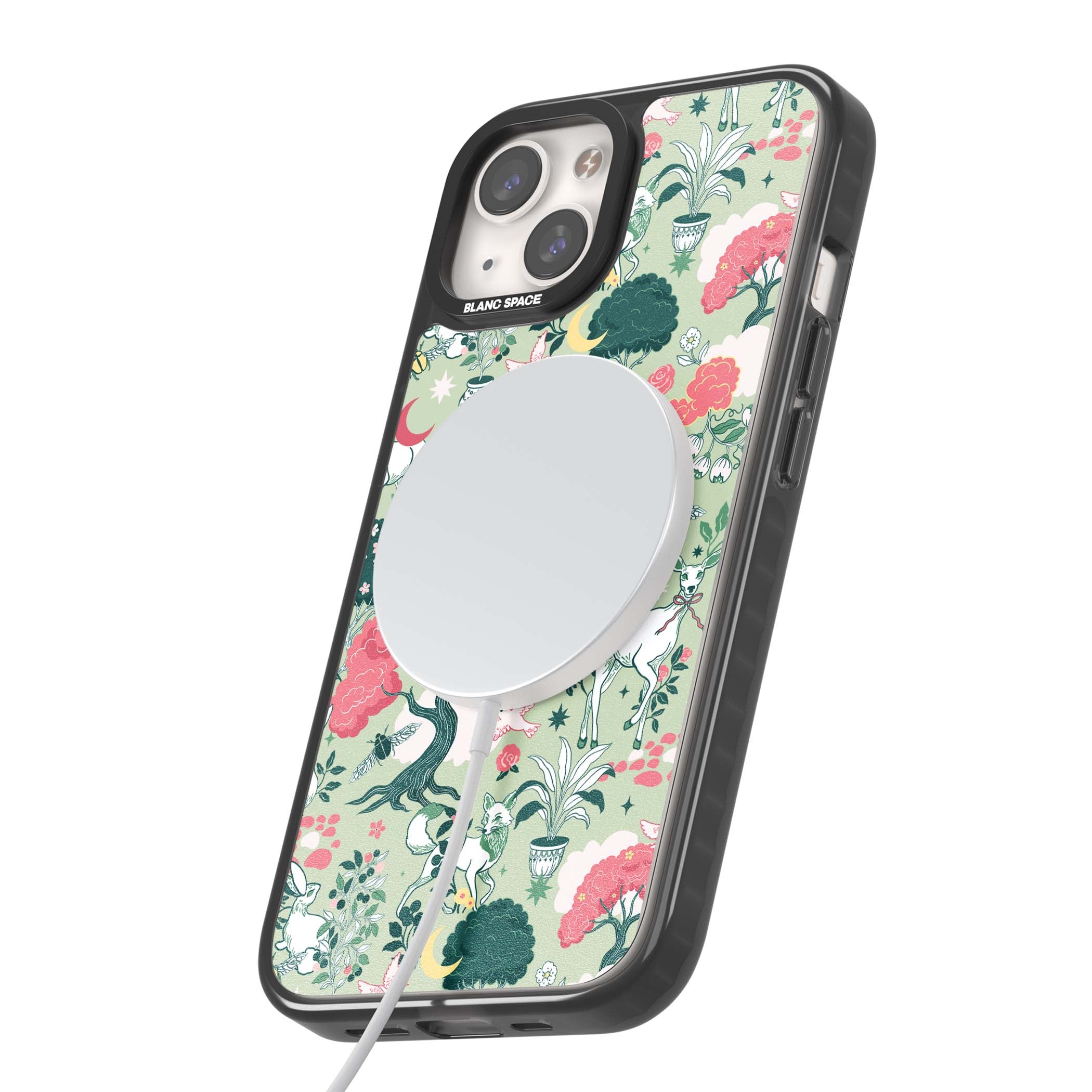 Enchanted Woodland cottagecore iPhone case featuring white deer, pink roses, mushrooms and woodland animals on sage green | Black Impact Magsafe case for iPhone 13, iPhone 14, iPhone 15