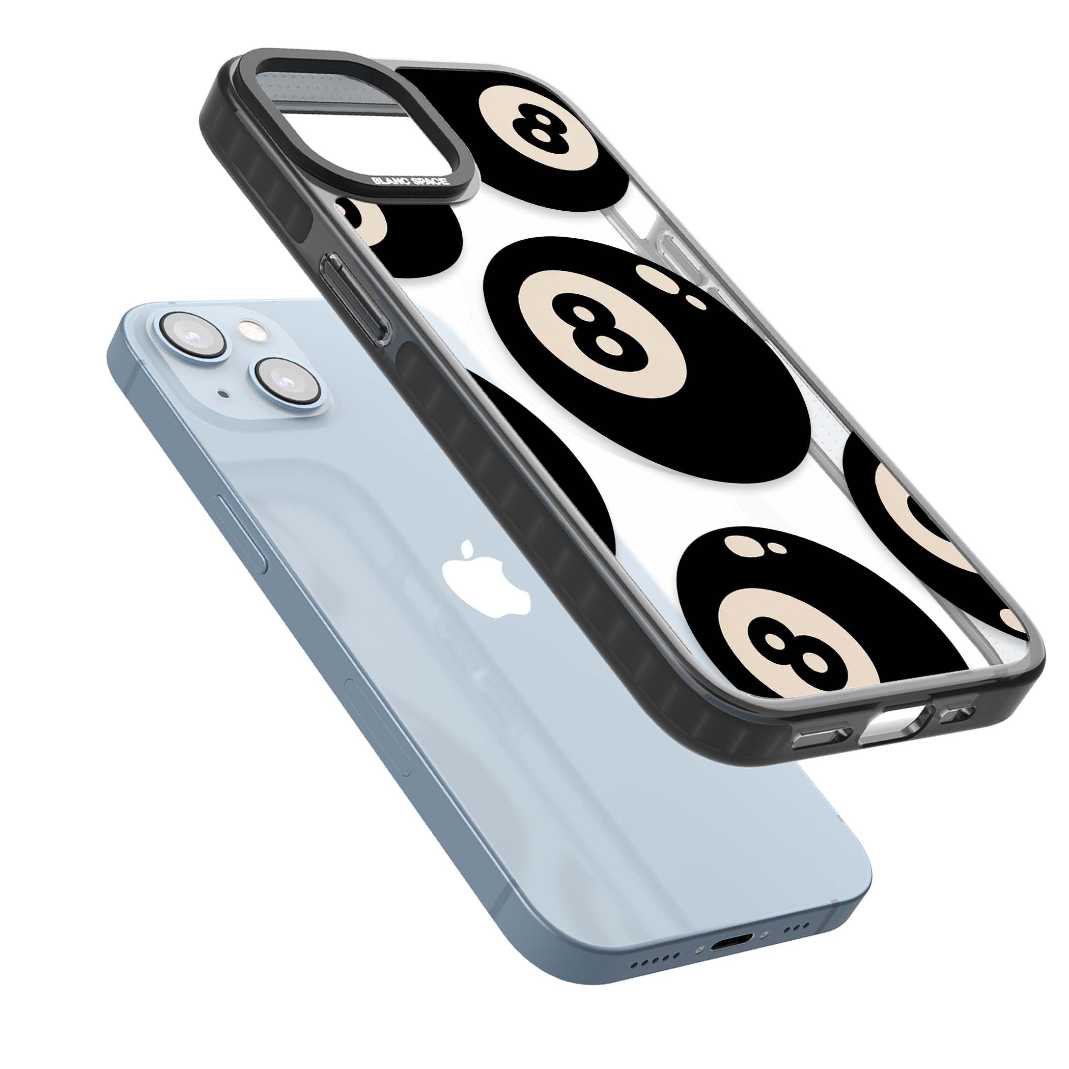 Eights y2k iPhone case featuring scattered black 8 balls with cream highlights on a clear background | Black Impact Magsafe case for iPhone 13, iPhone 14, iPhone 15