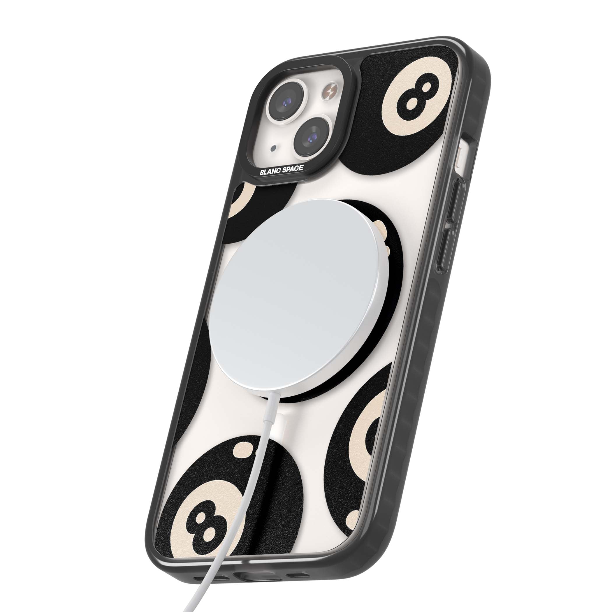 Eights y2k iPhone case featuring scattered black 8 balls with cream highlights on a clear background | Black Impact Magsafe case for iPhone 13, iPhone 14, iPhone 15