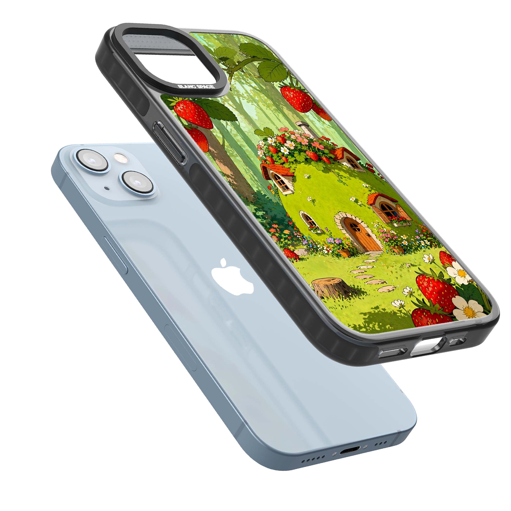 Strawberry Cottage cottagecore iPhone case featuring a green fairy house, wild strawberries and enchanted forest flowers | Black Impact Magsafe case for iPhone 13, iPhone 14, iPhone 15