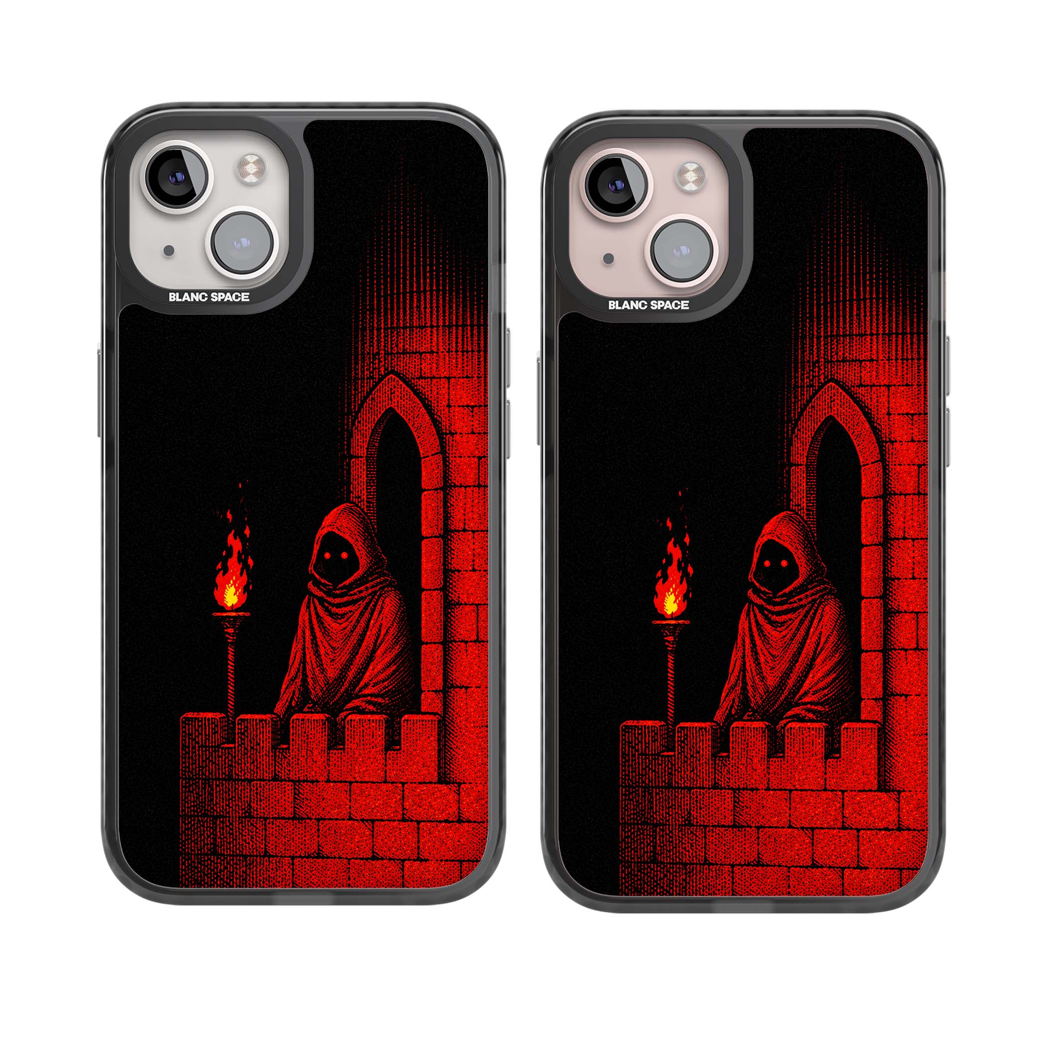 Crimson Crypt gothic iPhone case featuring a hooded reaper, torchlit crypt archway and red halftone horror art | Black Impact Magsafe case for iPhone 13, iPhone 14, iPhone 15