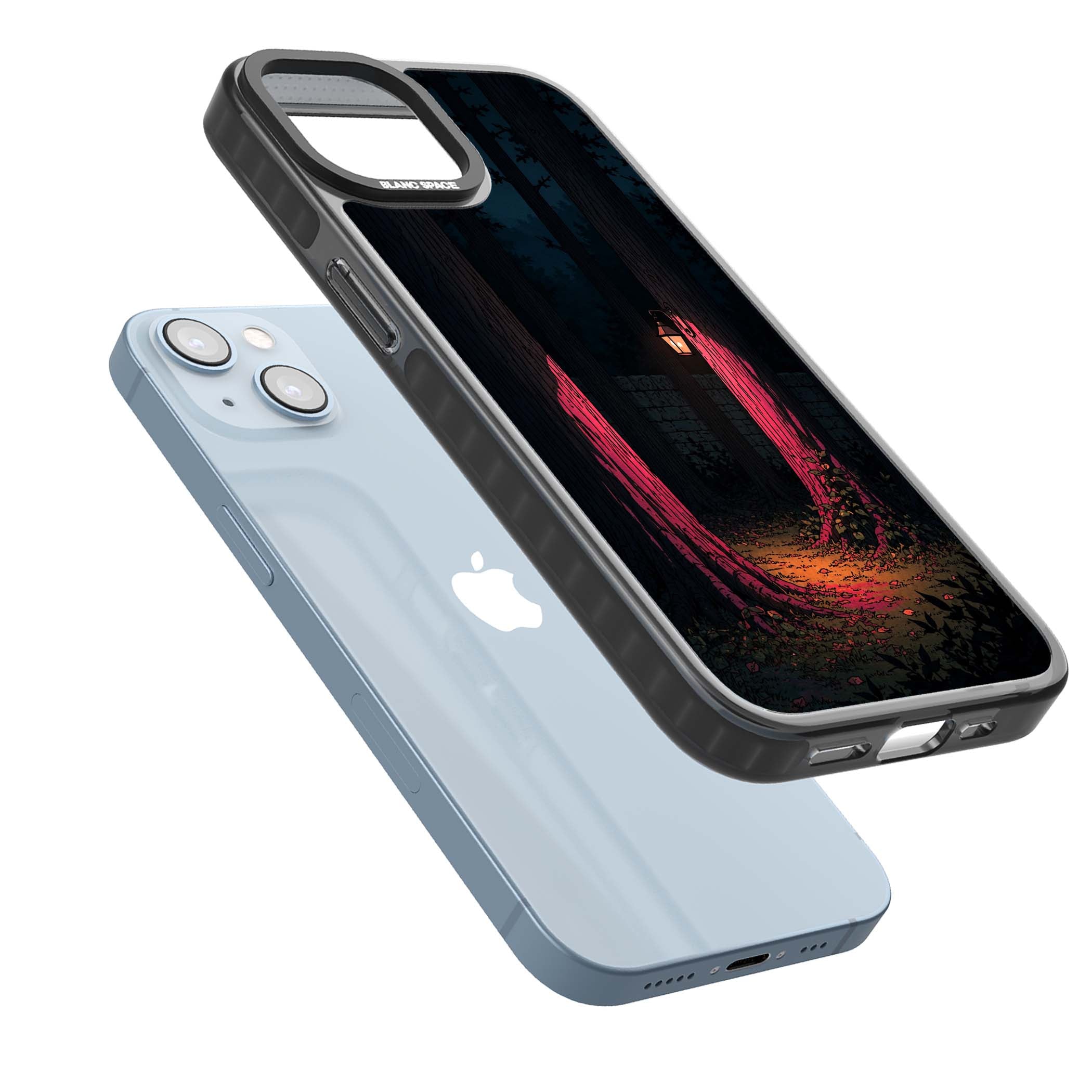 Forest Lantern dark academia iPhone case featuring a moonlit forest, glowing lantern, and stone wall pathway | Black Impact Magsafe case for iPhone 13, iPhone 14, iPhone 15