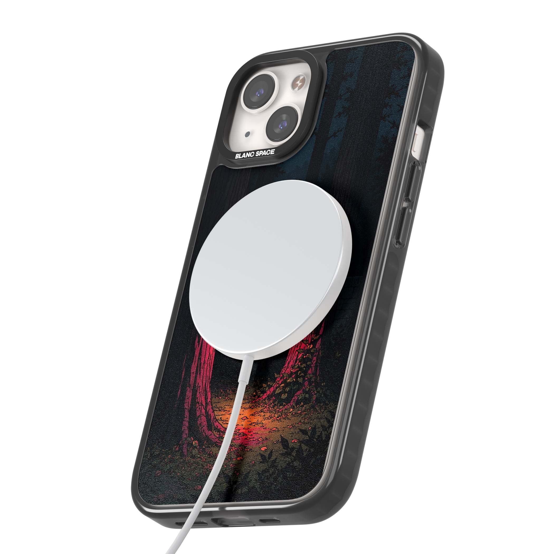 Forest Lantern dark academia iPhone case featuring a moonlit forest, glowing lantern, and stone wall pathway | Black Impact Magsafe case for iPhone 13, iPhone 14, iPhone 15
