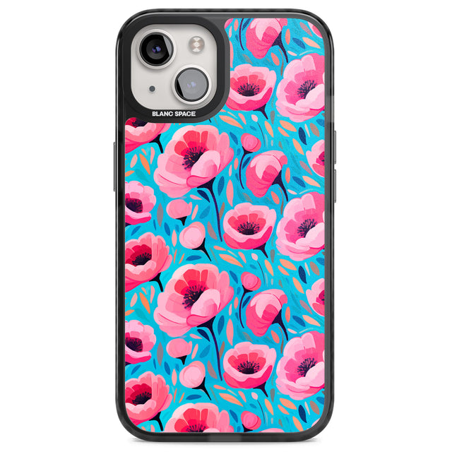 Tropical Pink Poppies Magsafe Black Impact Phone Case for iPhone 13, iPhone 14, iPhone 15