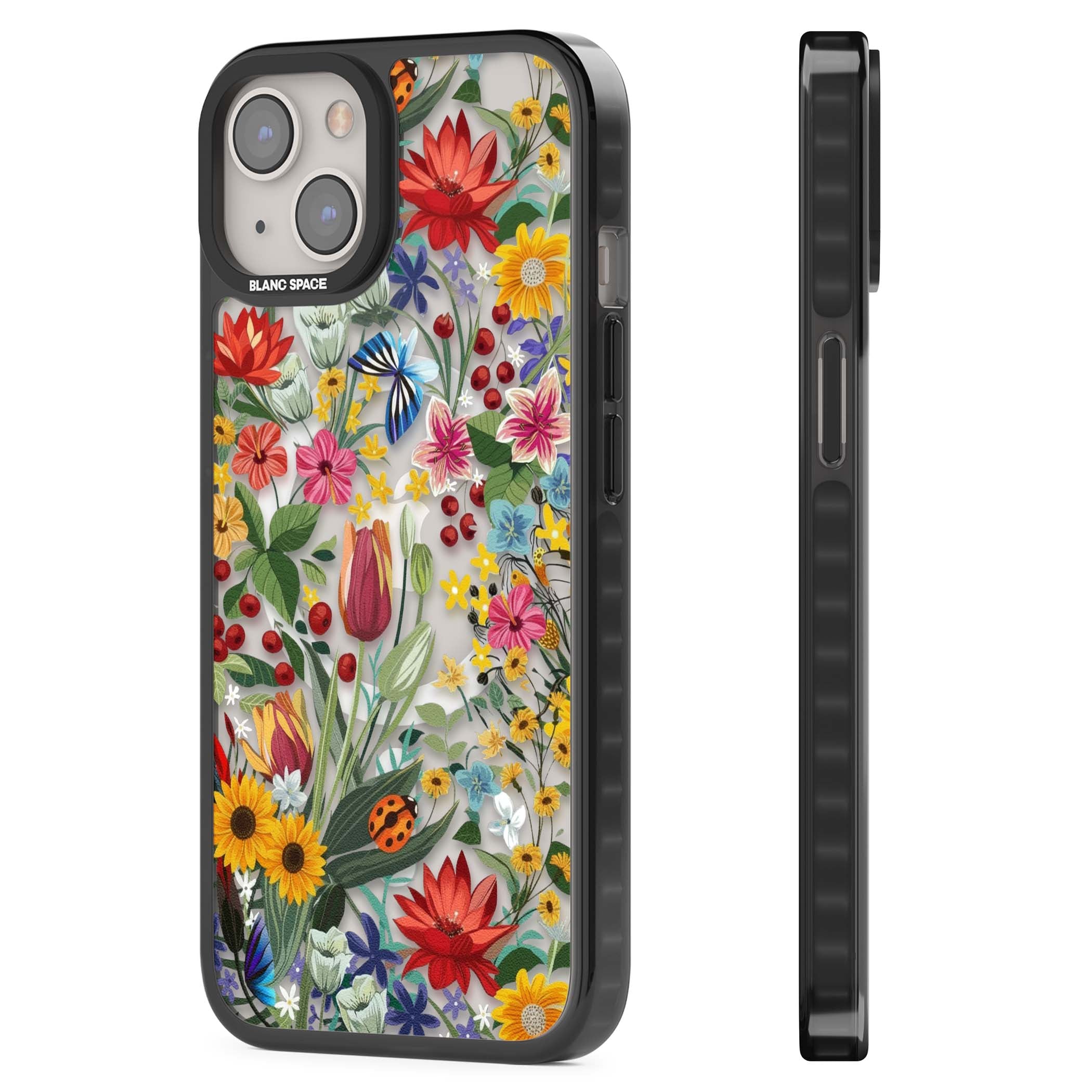 Botanical Bloom cottagecore iPhone case featuring colorful wildflowers, sunflowers, and ladybugs on clear background | Black Impact Magsafe case for iPhone 13, iPhone 14, iPhone 15