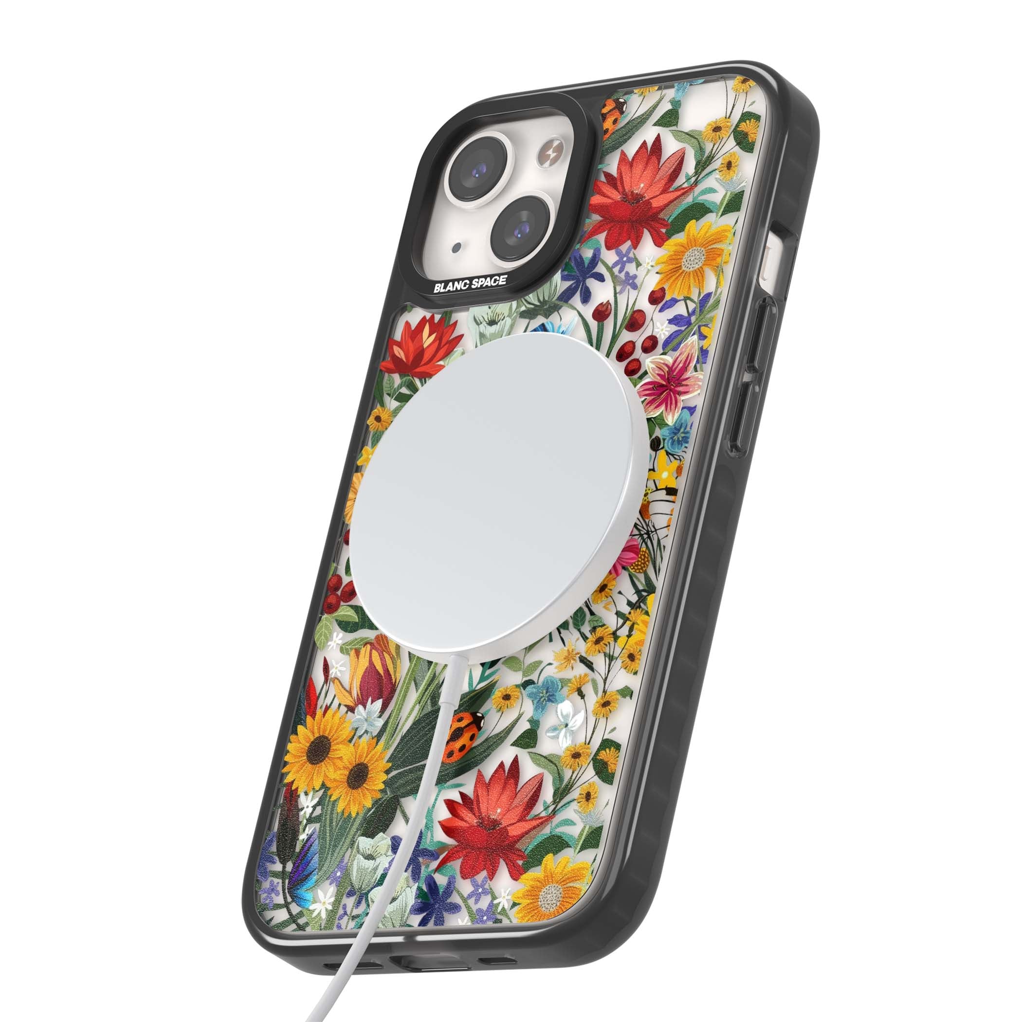 Botanical Bloom cottagecore iPhone case featuring colorful wildflowers, sunflowers, and ladybugs on clear background | Black Impact Magsafe case for iPhone 13, iPhone 14, iPhone 15