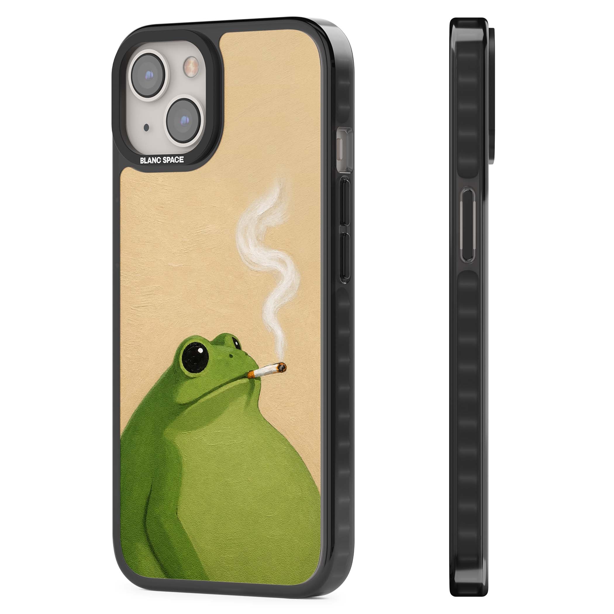The Smoking Frog cottagecore iPhone case featuring a hand-painted green frog smoking a cigarette on a cream oil painting back | Black Impact Magsafe case for iPhone 13, iPhone 14, iPhone 15