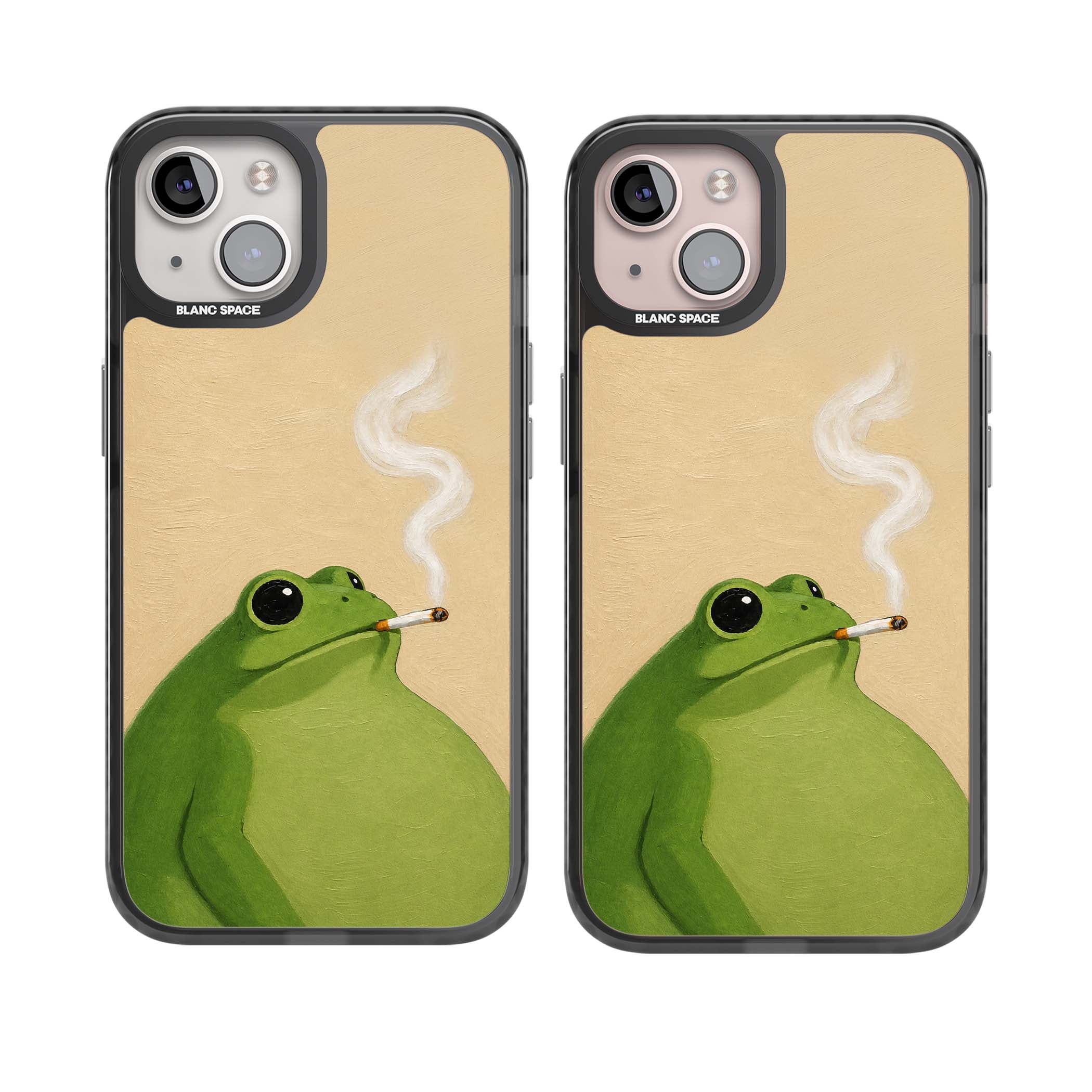 The Smoking Frog cottagecore iPhone case featuring a hand-painted green frog smoking a cigarette on a cream oil painting back | Black Impact Magsafe case for iPhone 13, iPhone 14, iPhone 15