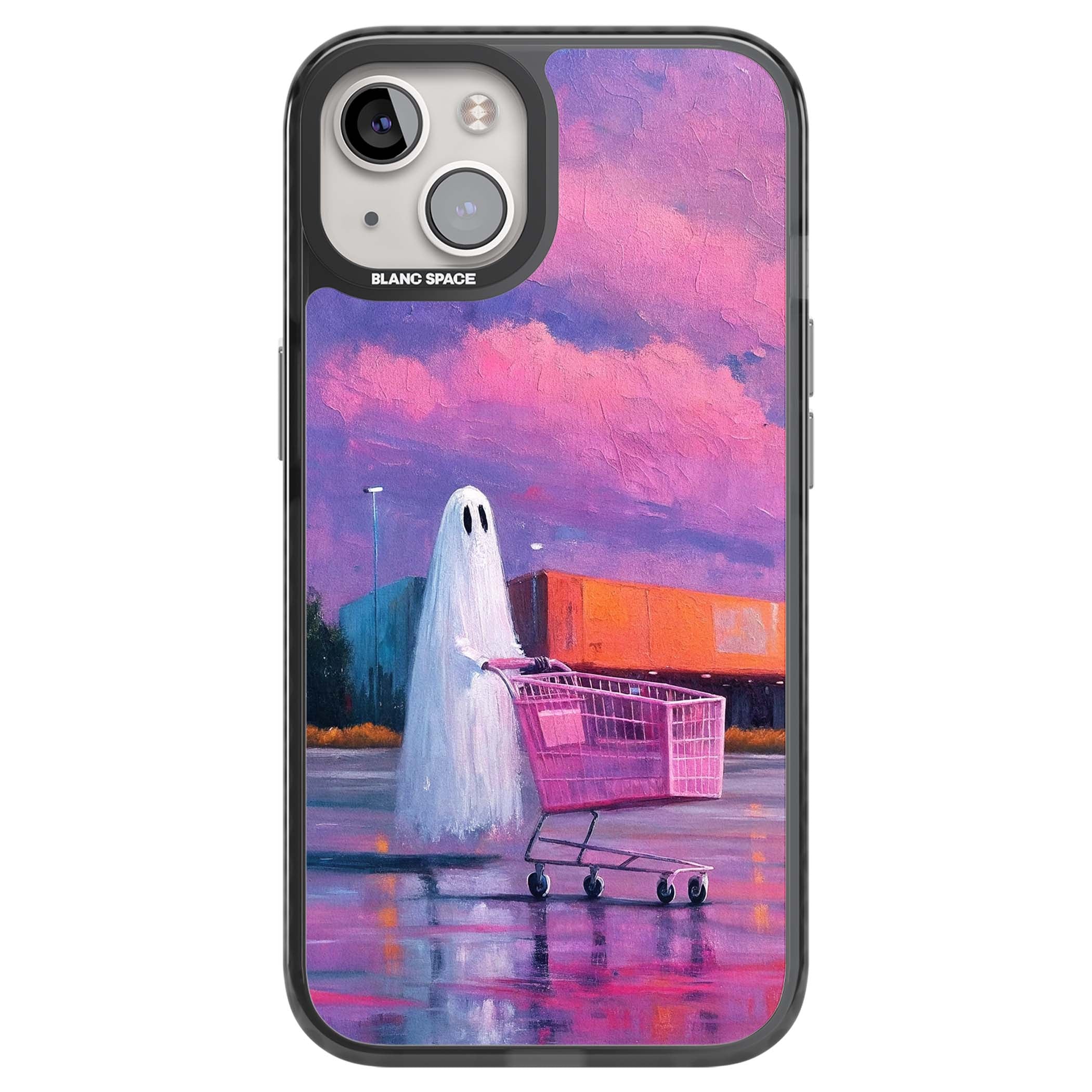 A Ghost's Errand ghost halloween iPhone case featuring a painted ghost, pink shopping trolley and purple sunset sky | Black Impact Magsafe case for iPhone 13, iPhone 14, iPhone 15